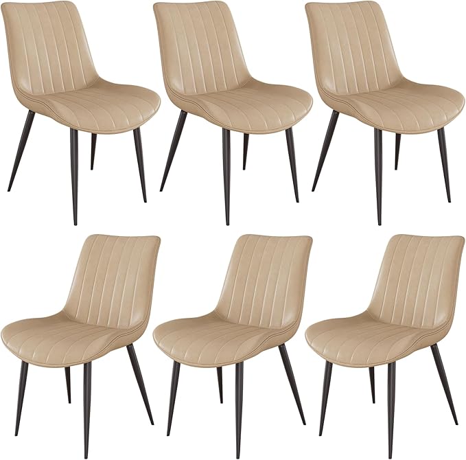Dining Chairs Set of 6, Leather Modern Kitchen & Dining Room Chairs, Comfortable Upholstered Kitchen Chairs with Metal Legs Armless Side Chairs for Living Room Bedroom Restaurant Cafe, Khaki