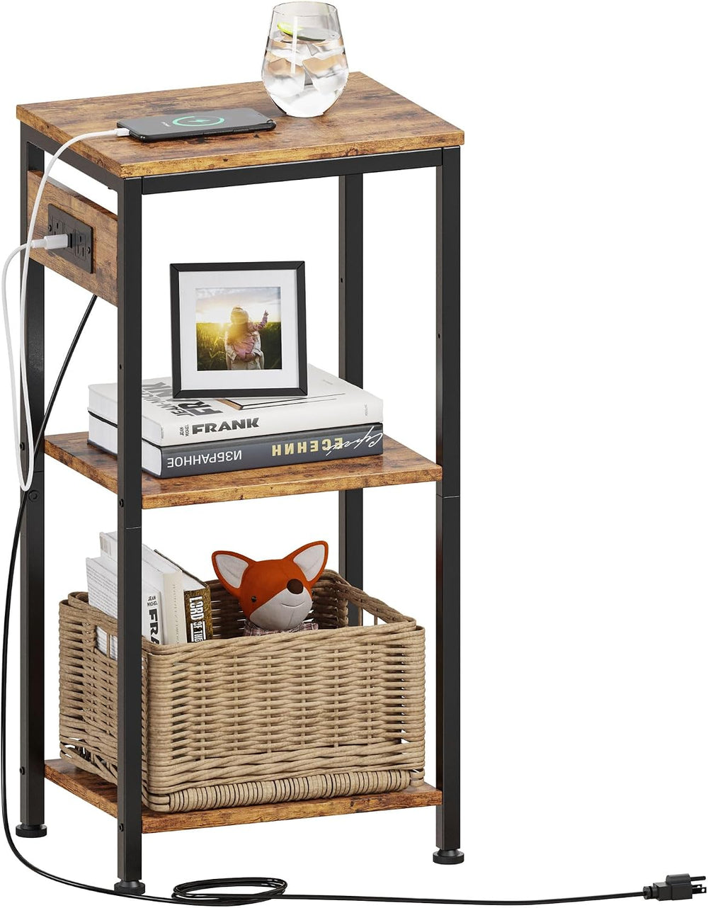 Side Table with Charging Station, Nightstand with USB Ports and Outlets, Tall...