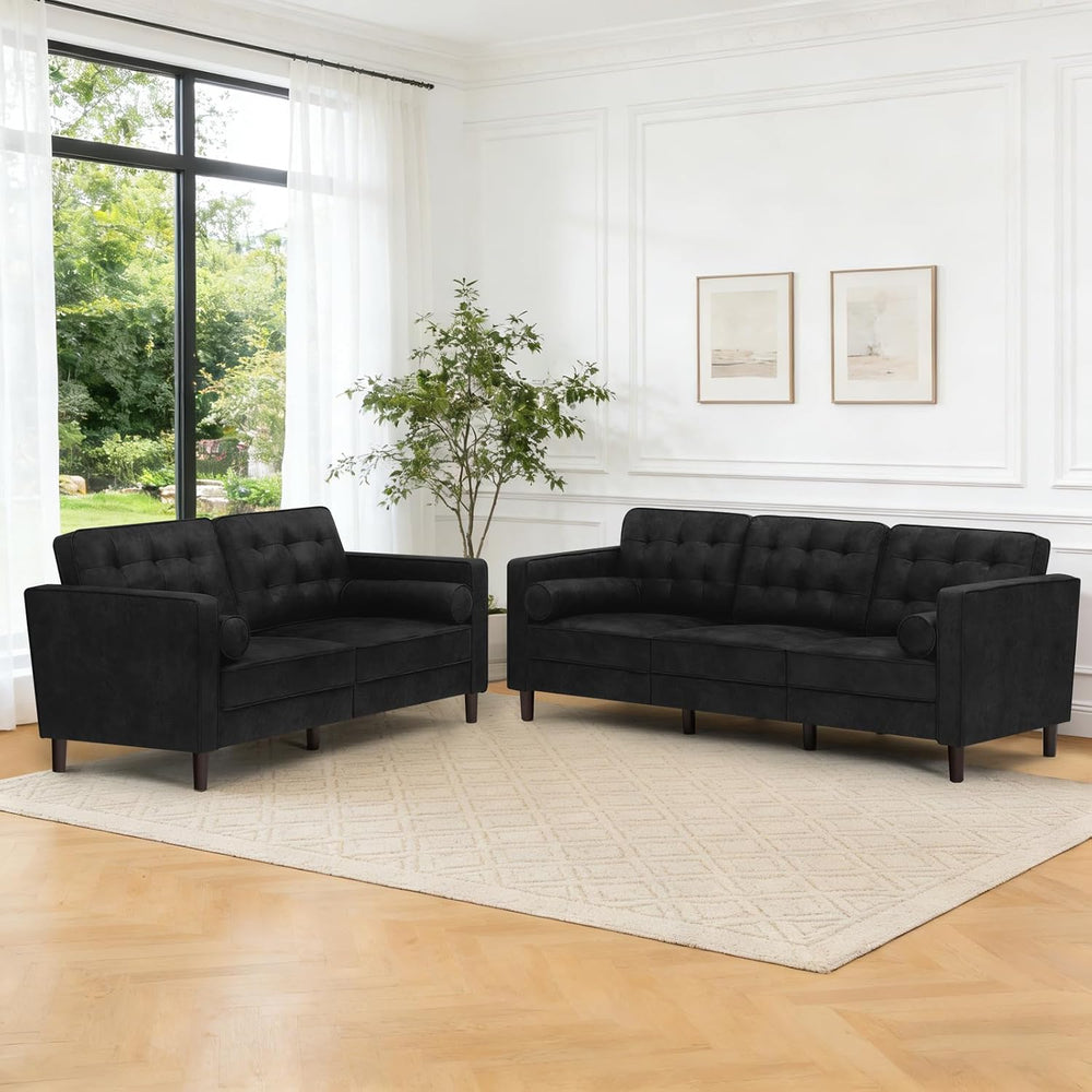 Suede Leather Upholstered Sofa Set with Tufted Backrests, Black