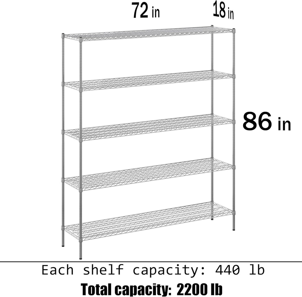 18" Deep x 72" Wide x 86" Height Wire Shelving Kit | 5-Tier | NSF Commercial Storage Rack Unit