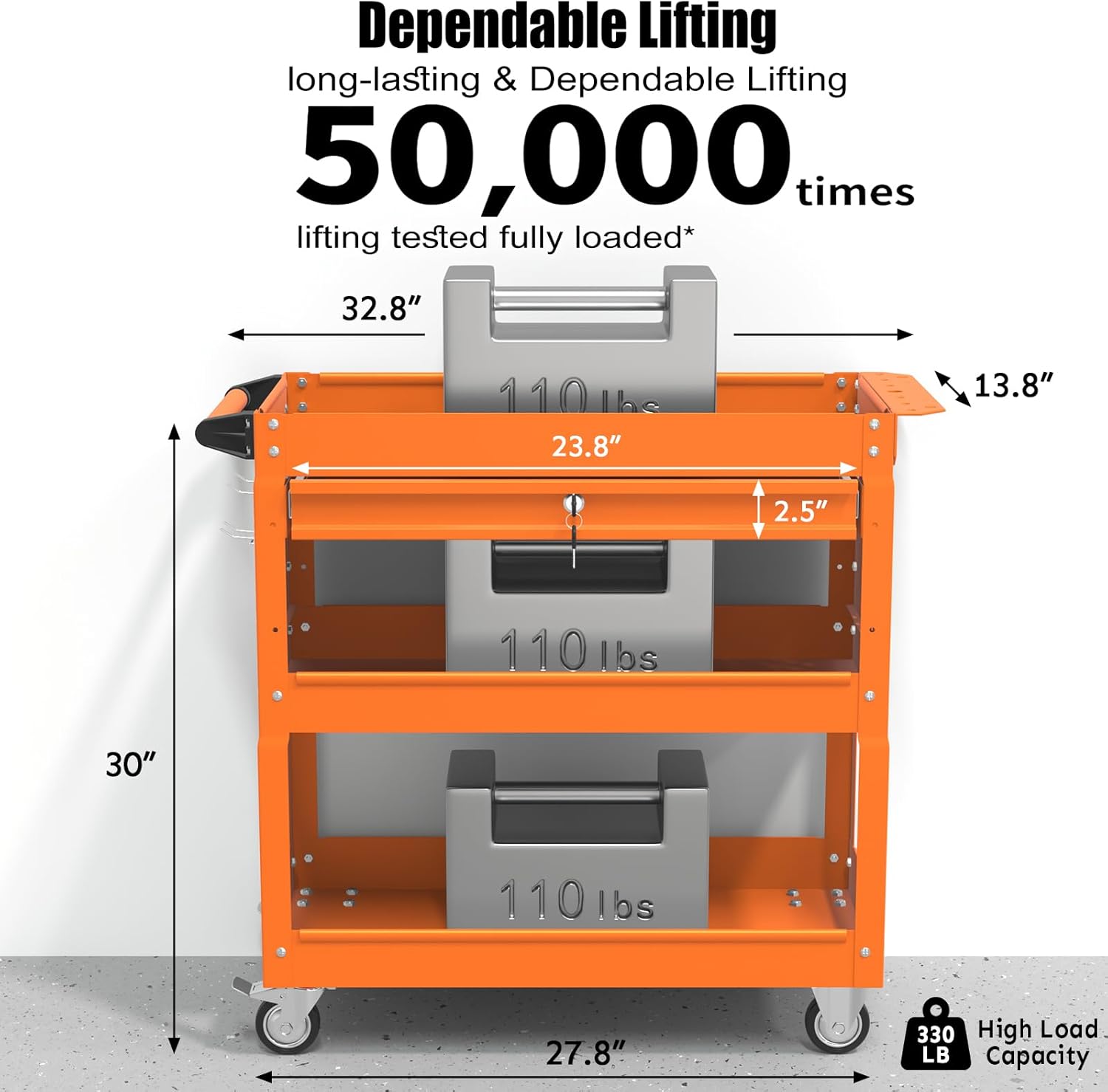 3-Tier Rolling Utility Cart, Metal Heavy Duty Utility Cart on Wheels with Lockable, 330 lb. Load Large Storage Capability Tool Cart for Garage, Warehouse, Repair Shop（Orange）