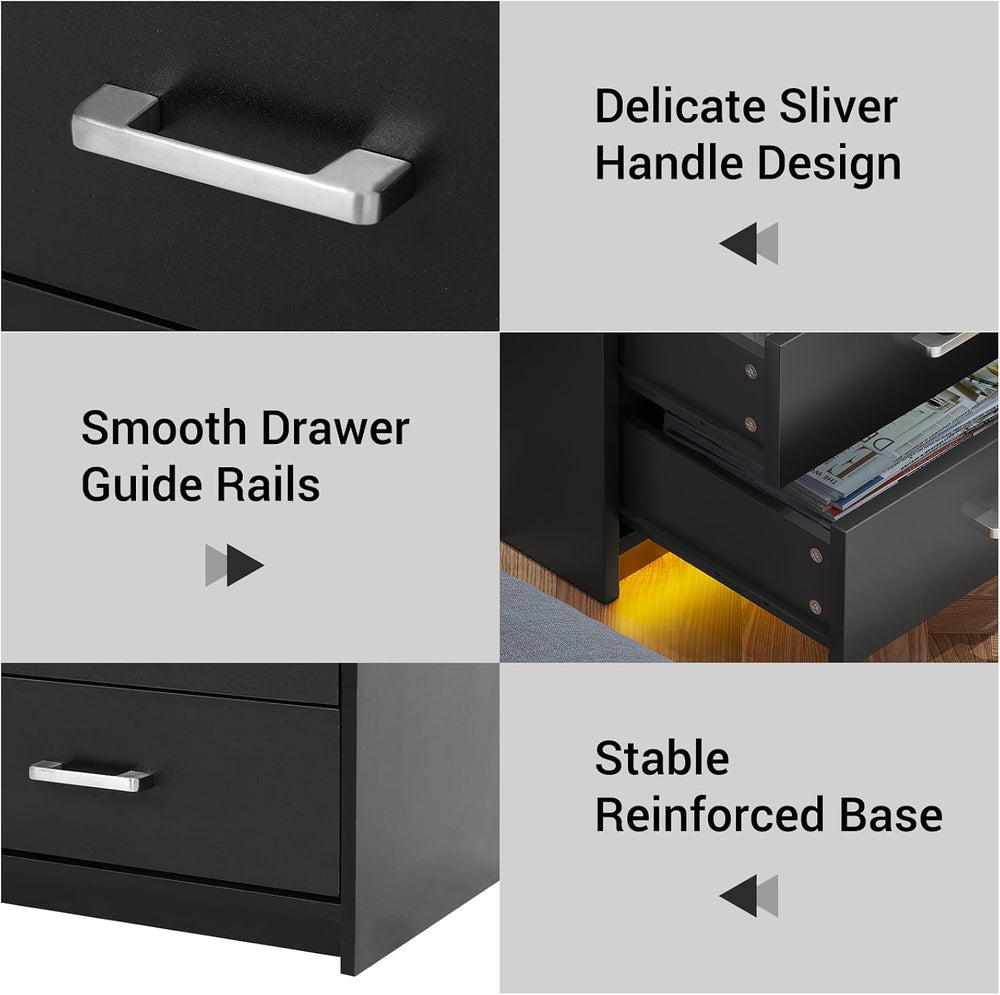 AOGLLATI LED Nightstands Set of 2 with Charging Stationand Glass Top | Black ...