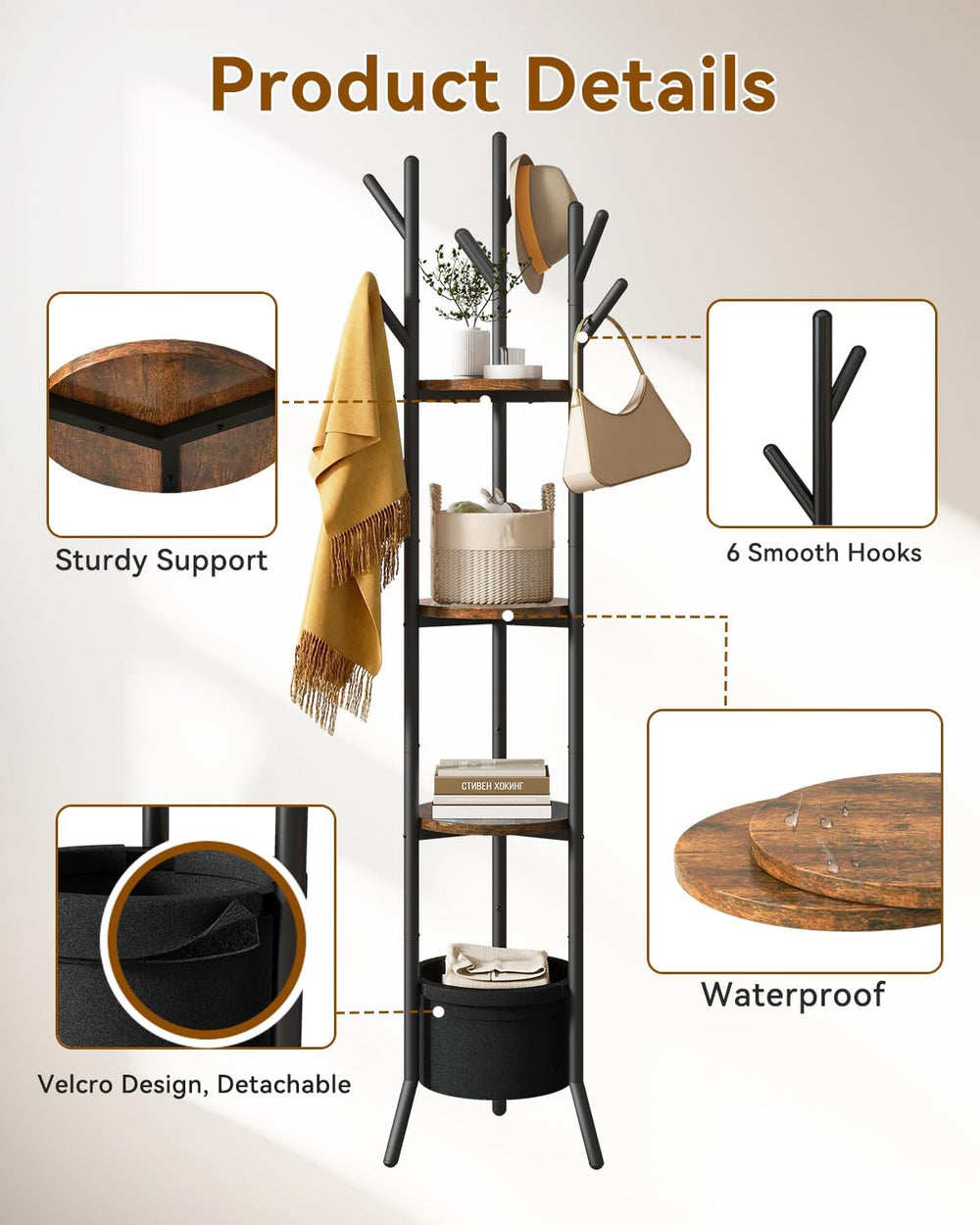 YMYNY Coat Rack, Freestanding Coat Stand with Storage Shelves, Hall Trees wit...
