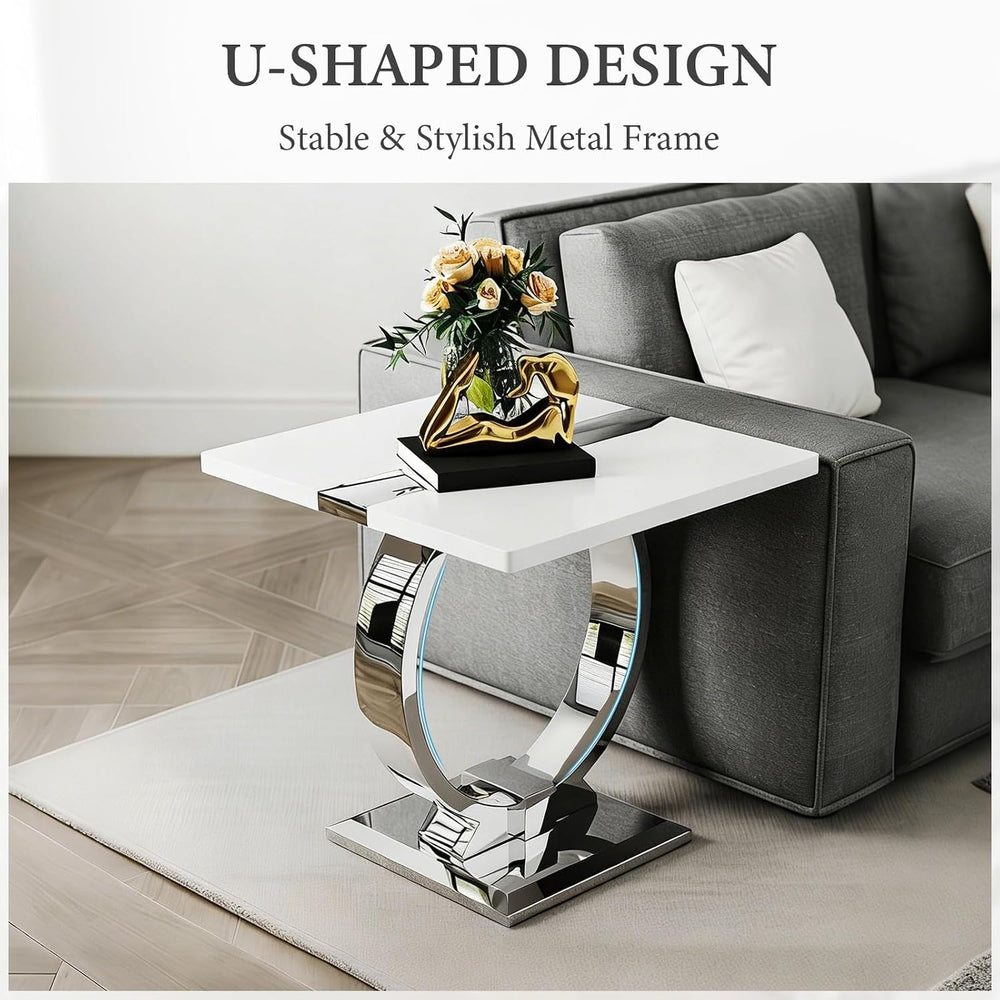 Asday 23.6" White and Silver End Table, Modern Side Table with Glossy Wo...