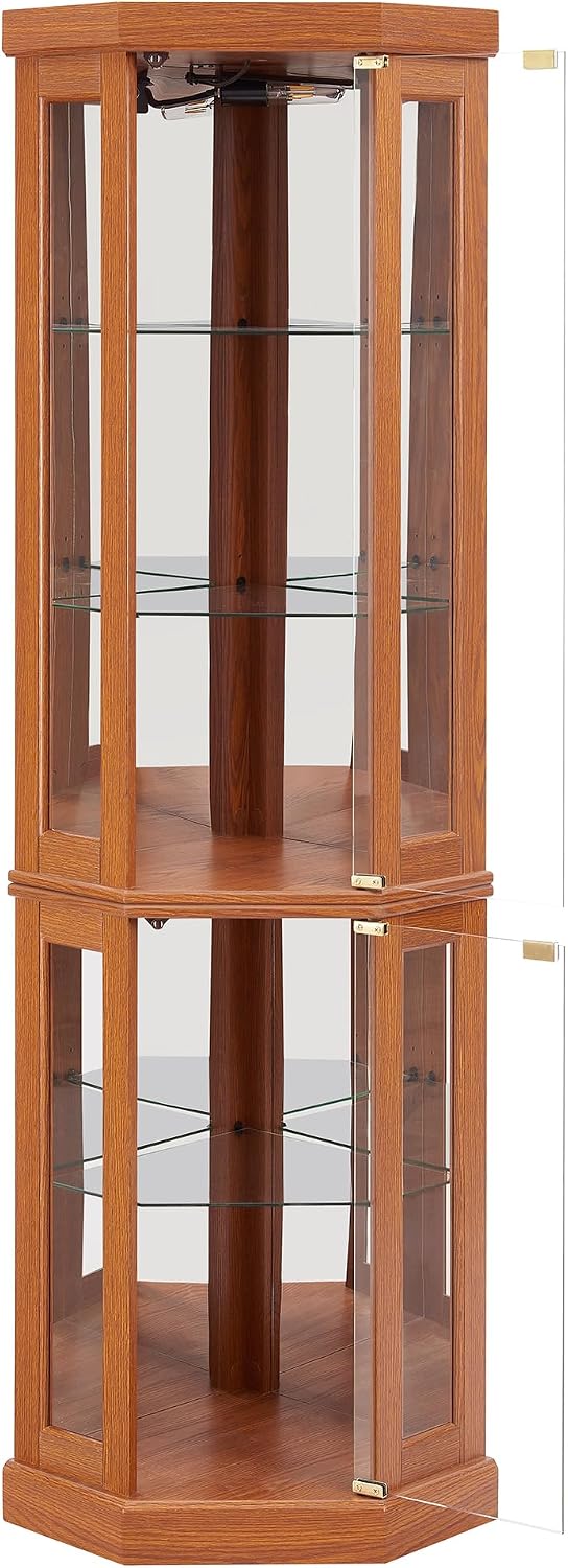Tall Corner Cabinet with Glass Doors, Lighted Glass Display Curio Cabinet wit...