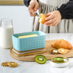 Hasense Farmhouse Butter Dish with Lid for Countertop, Butter Keeper & Holder, Butter Container for Fridge with Wooden Freshness Seal, Enhance Kitchen Decor, Holds Two Sticks of Butter, Turquoise