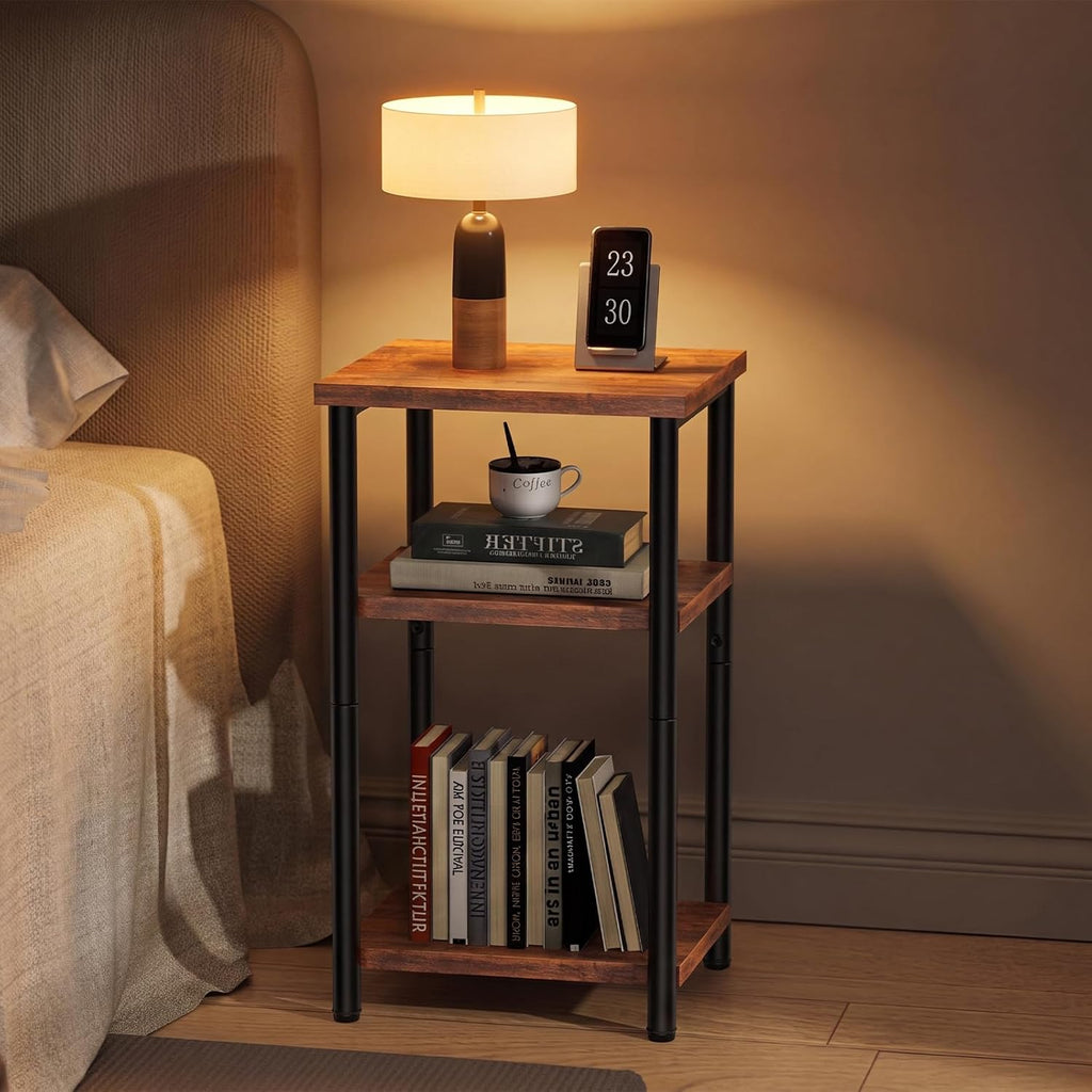 OLIXIS 3-Tier Small Side Table for Small Spaces, Bedroom Nightstand | 23'' Tall Bedside Table with Open Shelf and Adjustable Feet for Living Room, Bedroom, Office, Dorm, Walnut Brown
