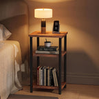 OLIXIS 3-Tier Small Side Table for Small Spaces, Bedroom Nightstand | 23'' Tall Bedside Table with Open Shelf and Adjustable Feet for Living Room, Bedroom, Office, Dorm, Walnut Brown