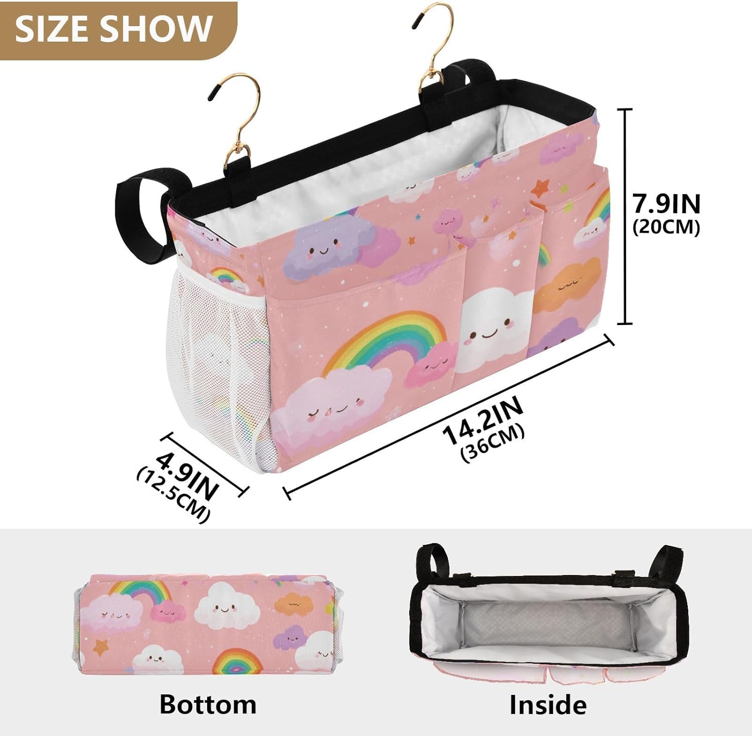 Multicolored Stars Rainbows Bedside Caddy for Dorm Bed Bedside Hanging Caddy Bag Iron Frame Storage Organizer Pocket for Bunk Home College Hospital Beds 2 Hooks