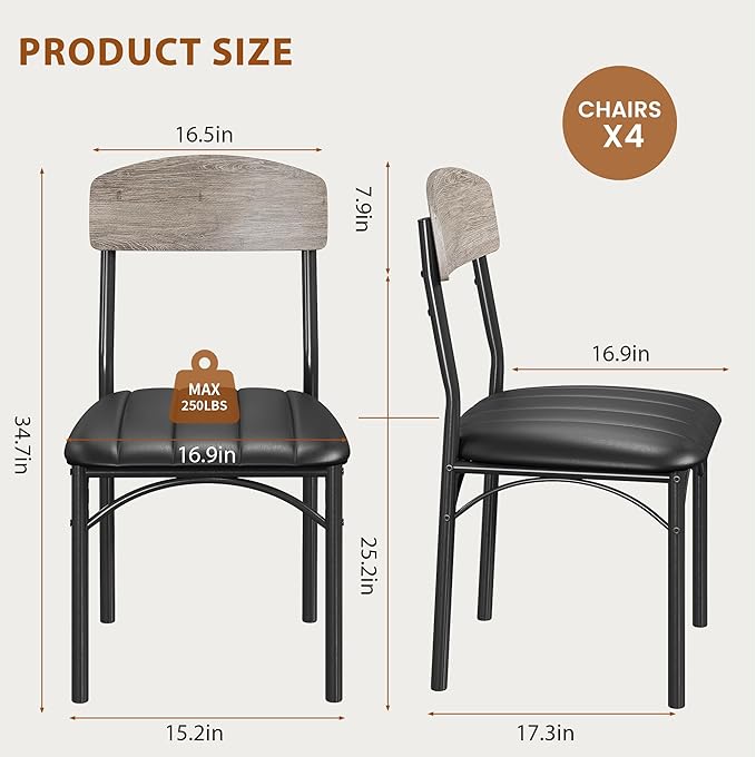 Dining Chairs Set of 4 - Upholstered Dining Room Chairs with PU Leather, Industrial Kitchen Chairs with Wooden Backrest and Thickened Metal Legs, for Dining Room, Living Room（Gray）