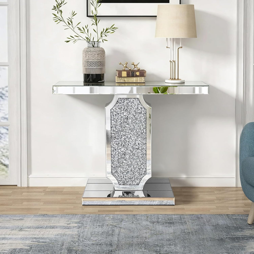Silver Mirrored Console Table with Crushed Diamond Inlay, 39.4'' Long...