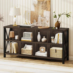 8 Cube Storage Organizer Bookshelf, 62 Inch Rustic Wood Horizontal Bookcase, Farmhouse Cube Long Book Shelf, TV Console Stand for Living Room (Dark Walnut)