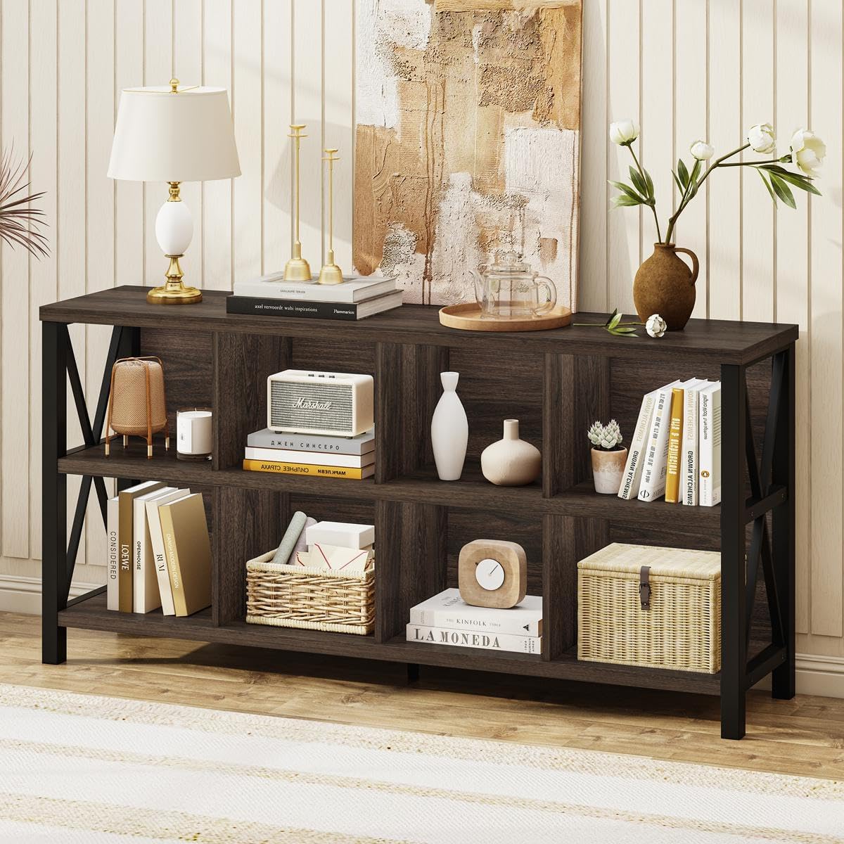 8 Cube Storage Organizer Bookshelf, 62 Inch Rustic Wood Horizontal Bookcase, Farmhouse Cube Long Book Shelf, TV Console Stand for Living Room (Dark Walnut)