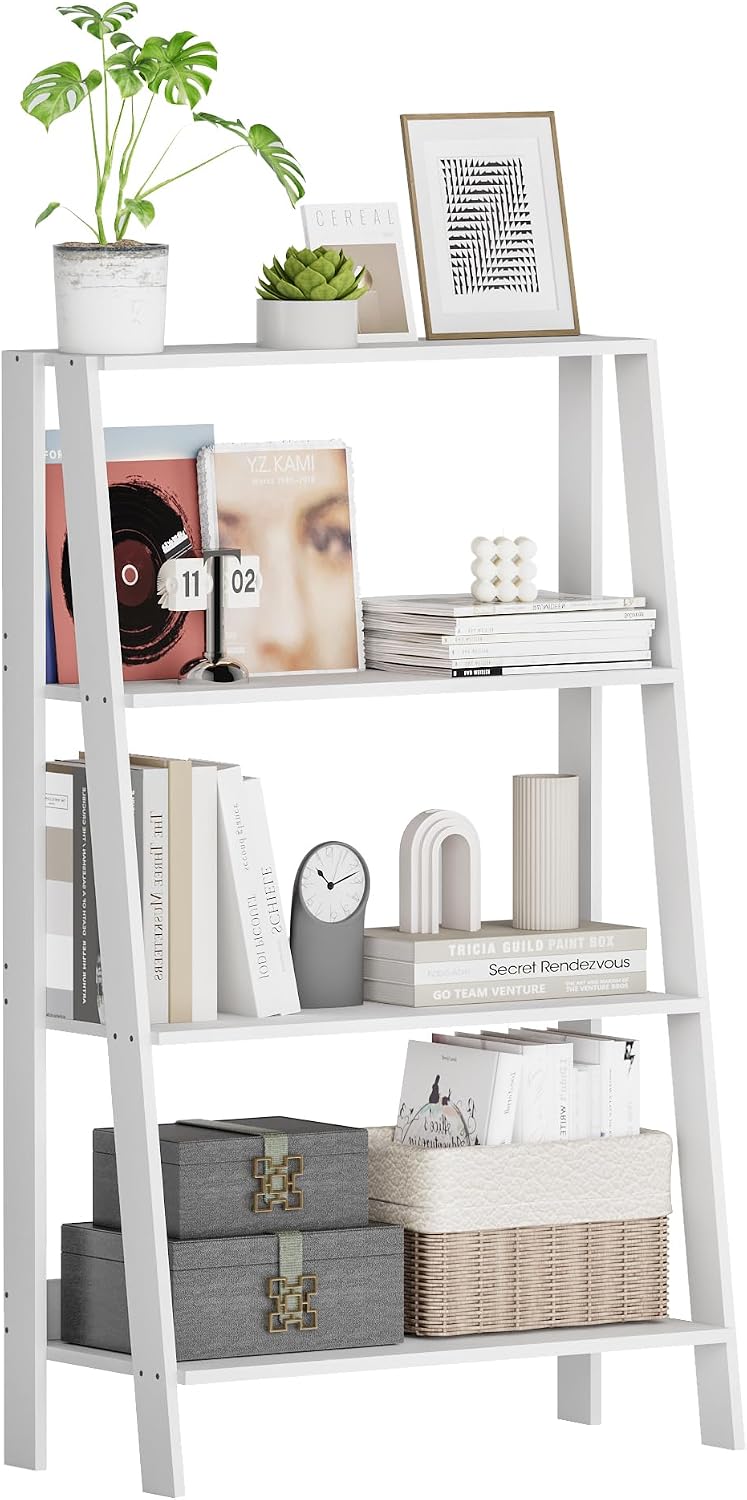 4 Tier Ladder Bookshelf for Storage, Bathroom Ladder Shelf Shelves, Freestanding Display Stand for Living Room, Kitchen, Bedroom, Balcony, White