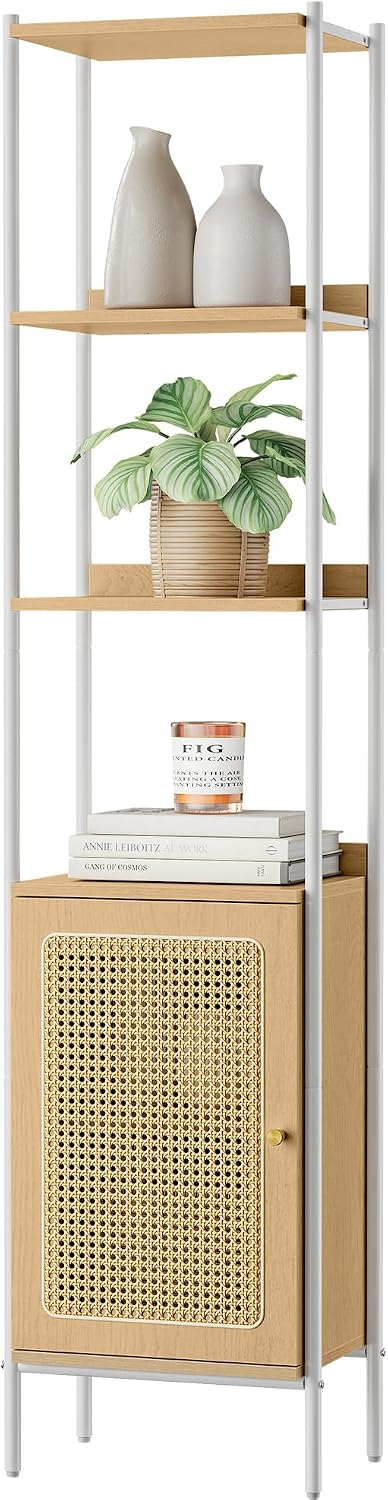 VASAGLE 6-Tier Bookcase with Rattan-Like Door, 15.8-Inch Wide, Metal Frame