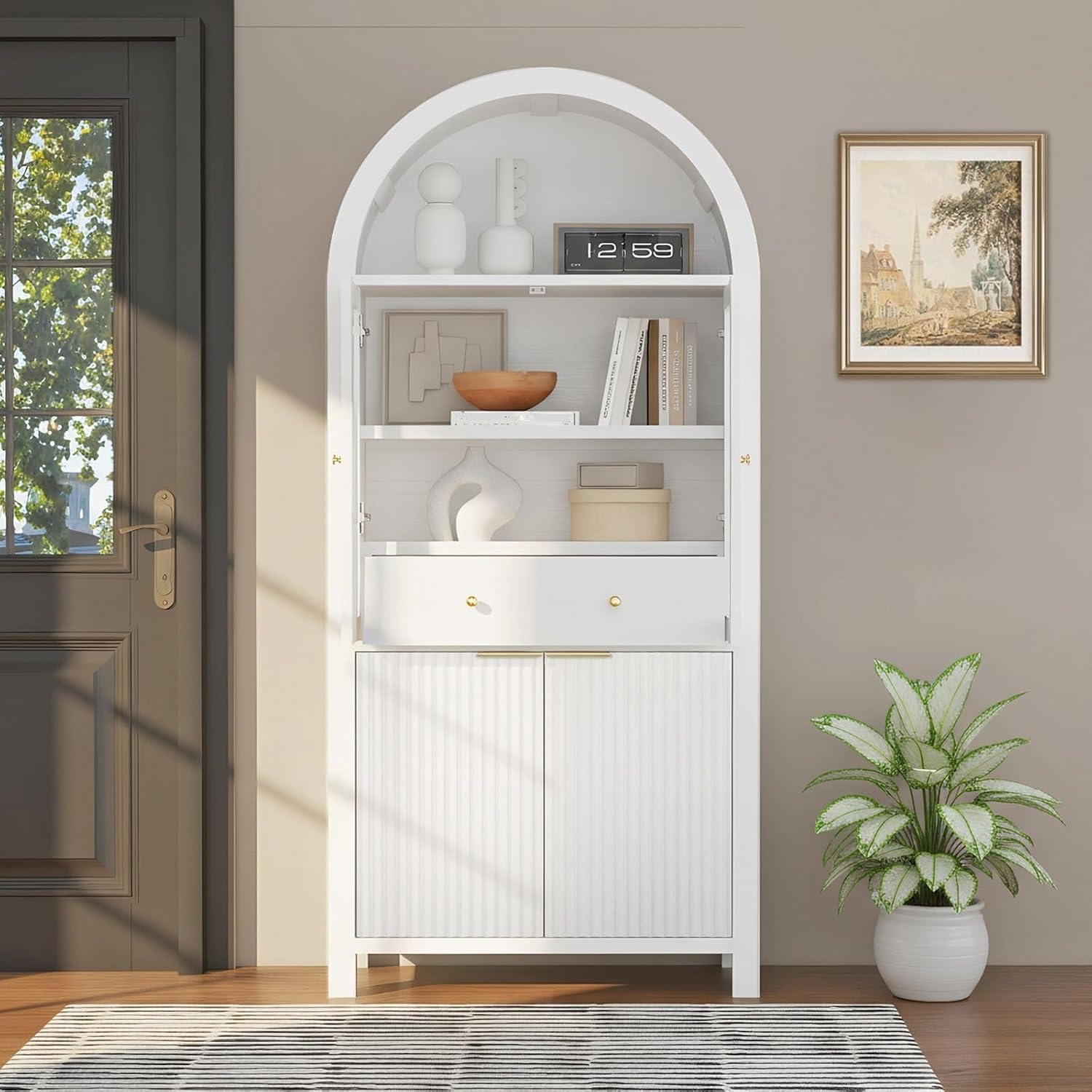 71" Tall Arched Pantry Cabinet with Adjustable Shelves, Kitchen Storage with Glass Doors, Modern Fluted Cabinet with Drawer, Display Unit for Kitchen, Dining Room