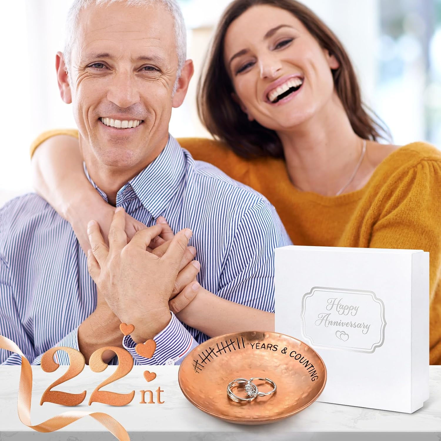 22 Year Wedding Anniversary Copper Gifts 22th Gifts 4" Copper Jewelry Tray Engraved Decorative Dish for Couple Him or Her
