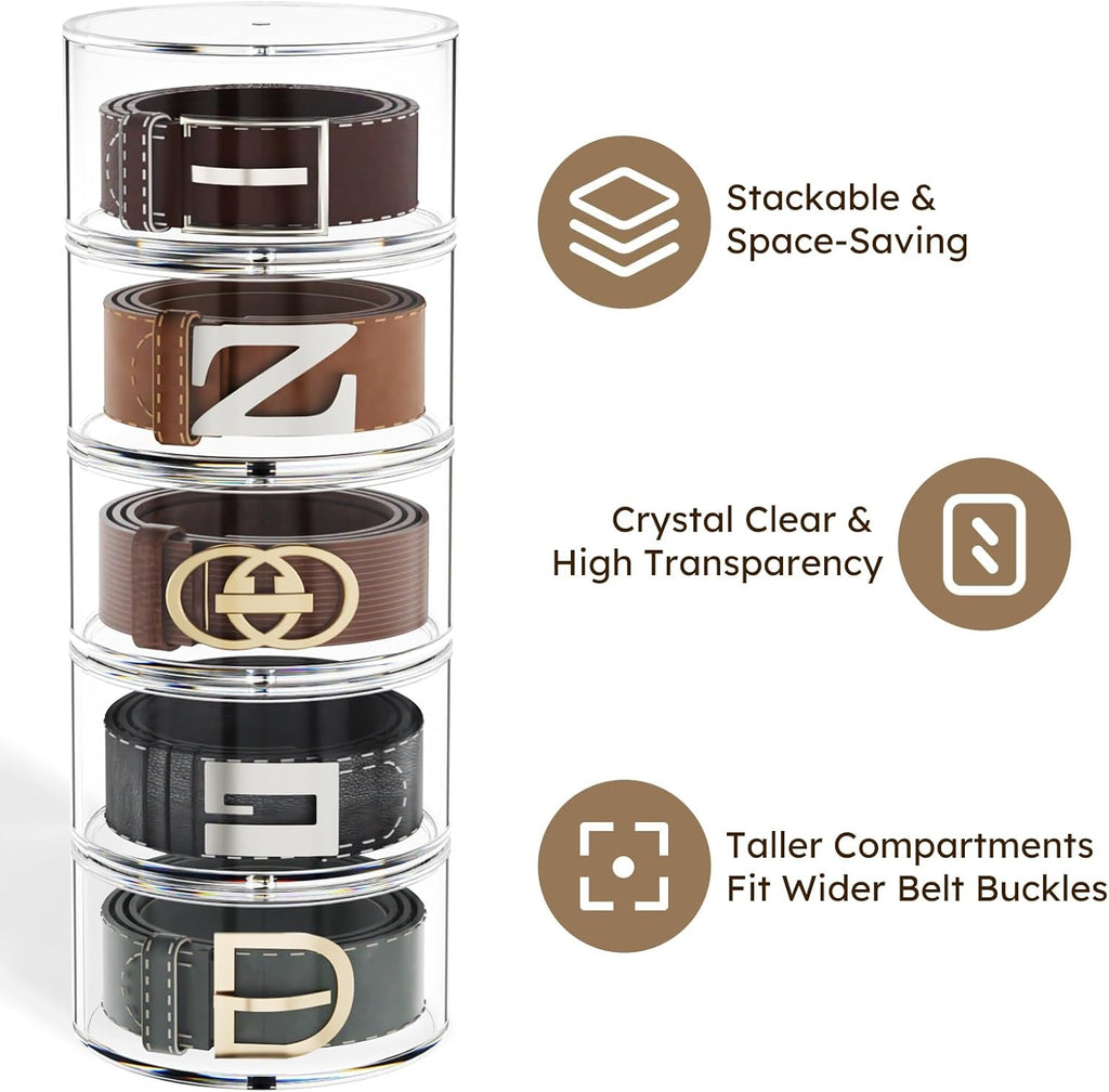 FEMELI Belt Organizer, Acrylic Belt Storage Holder for Closet & Drawer, 5-Layer Stackable Display Case for Belts, Watches, Jewelry and Ties