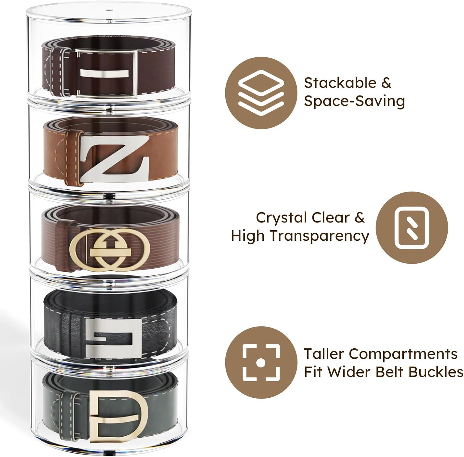 FEMELI Belt Organizer, Acrylic Belt Storage Holder for Closet & Drawer, 5-Layer Stackable Display Case for Belts, Watches, Jewelry and Ties