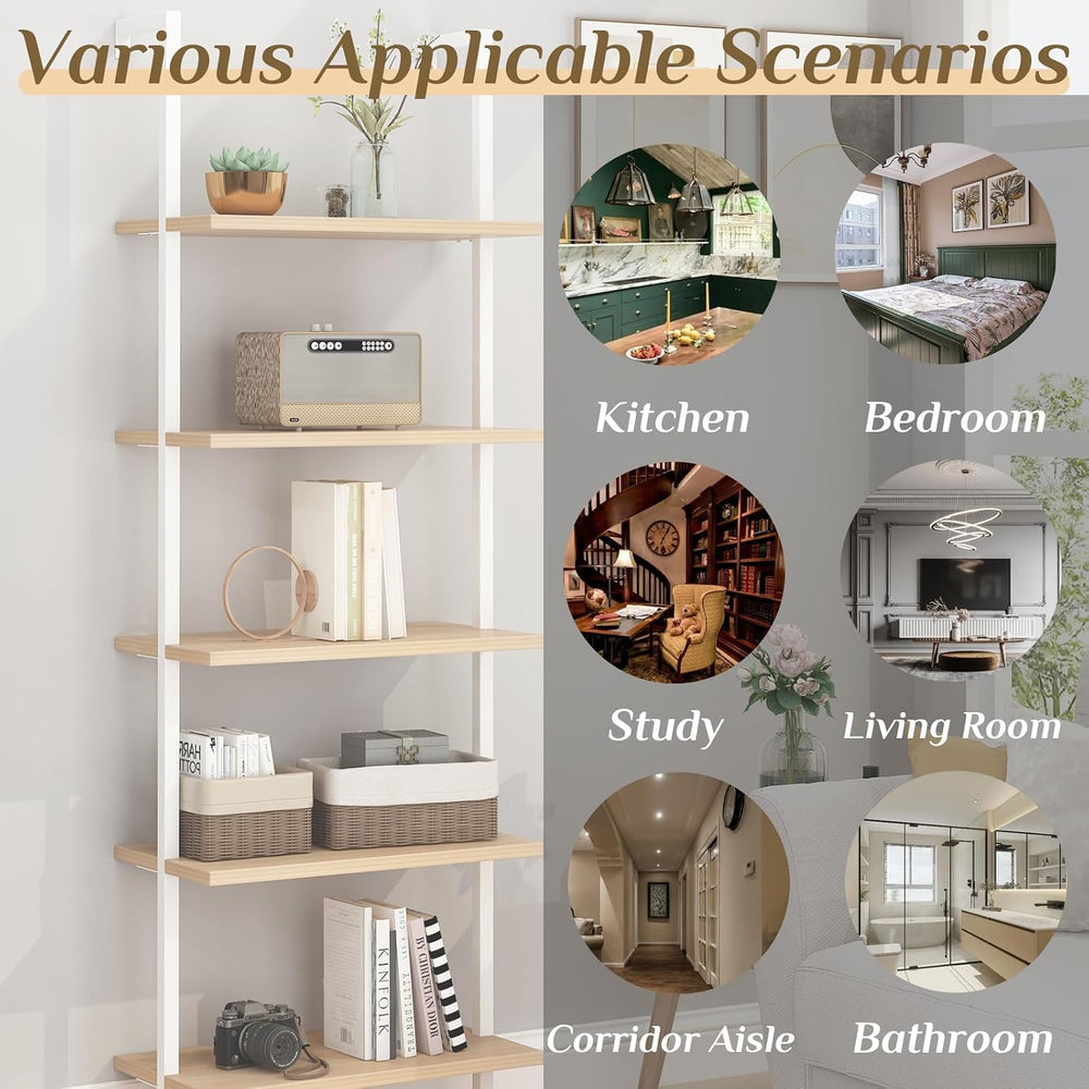 Karl home Oak 5 Tier Wall Mount Ladder Shelf, Metal Frame Open Bookcase