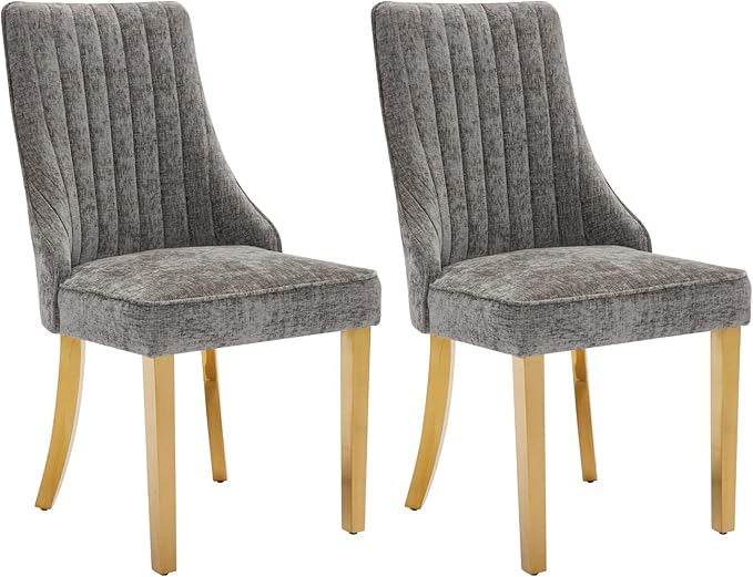 Dining Chairs Set of 2，Modern Channel Tufted Upholstered Dining Chairs with Golden Stainless Steel Legs, Comfortable Chenille Fabric Kitchen Chairs for Dining Room (Grey, 2pc)