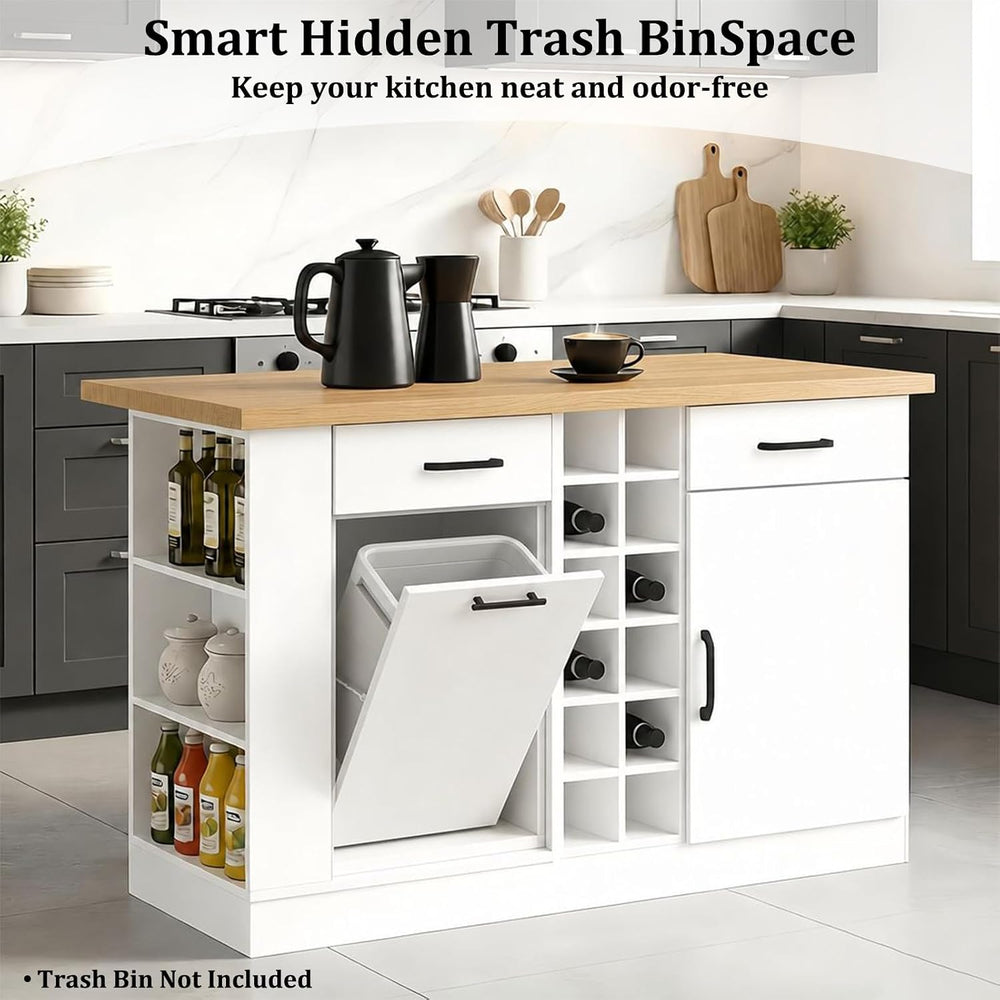 Large Kitchen Island,Wood Freestanding Islands with Storage Drawers, Trash Ca...
