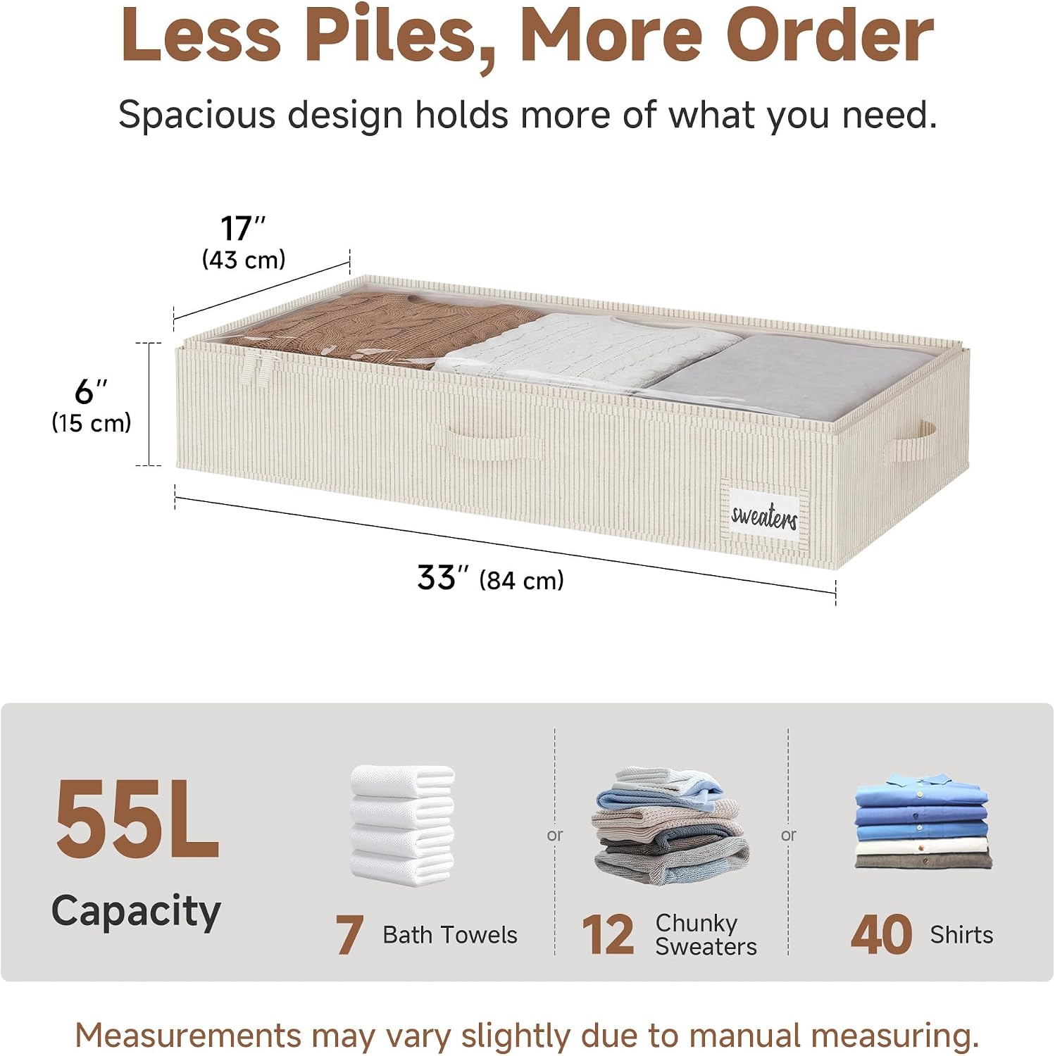 StorageWorks Large Under Bed Storage Containers with Handles and Label Holder, 2 Pack Ultra-thick Fabric Underbed Bins, Brown and White Stripes
