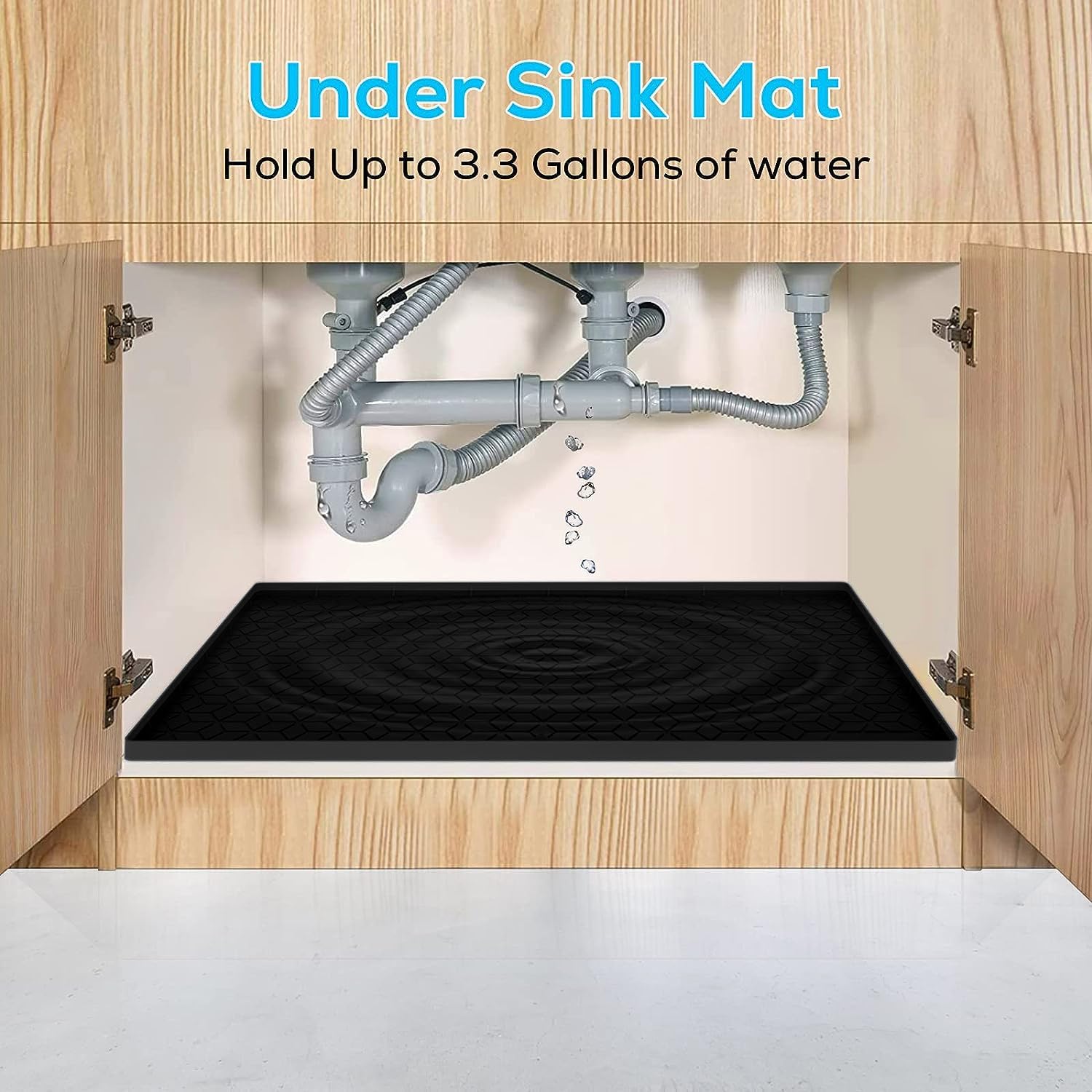 Under Sink Mat for Kitchen, Silicone Waterproof Liner, Flexible Organizer Tray with Drain Hole, 3.4 Gallons Capacity, Easy to Clean