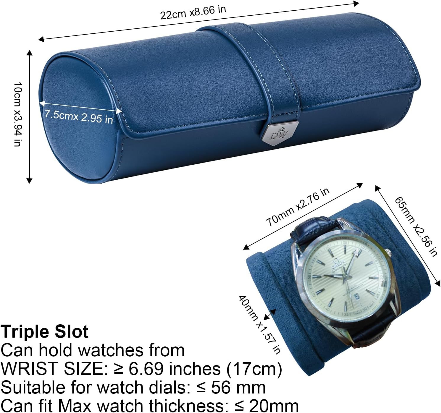 DUKWIN Watch Roll for 3 Watches, Vegan Leather Travel Watch Case Organizer with Removable Pillows for Men and Women,Display Case for Watches Collection and Gift for Anniversary Birthday(Blue Storage)