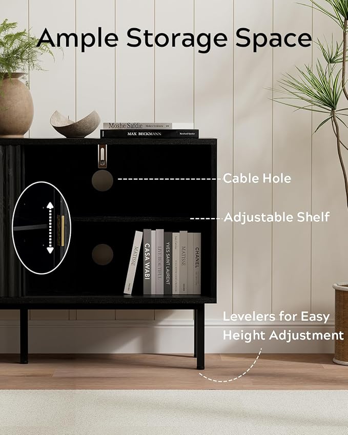 Black Fluted Tv Stand with Sliding Doors, 47" Mid Century Entertainment Center with Adjustable Shelf, Wooden Media TV Console with Storage Cabinet