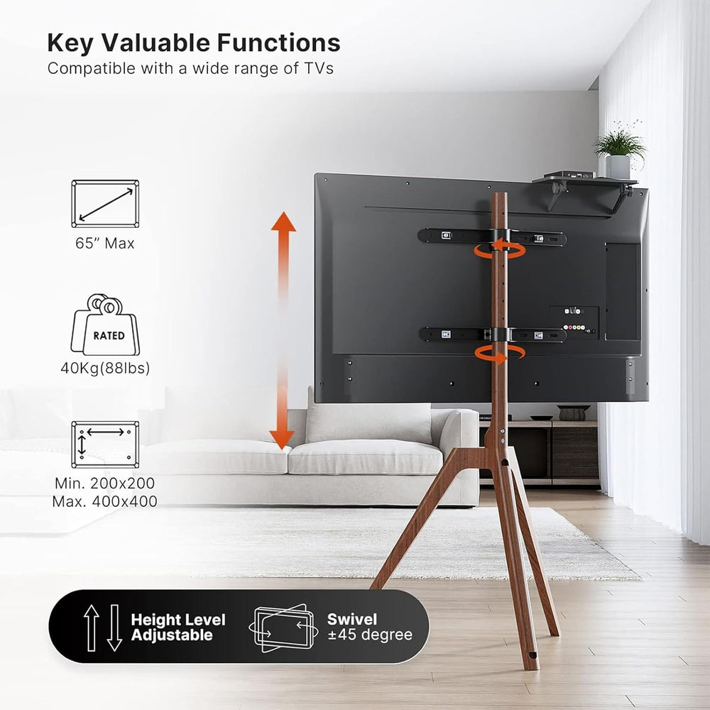 PUTORSEN Solid Wood Easel TV Stand for 45-65'' TVs, Hidden Cable, Wal...
