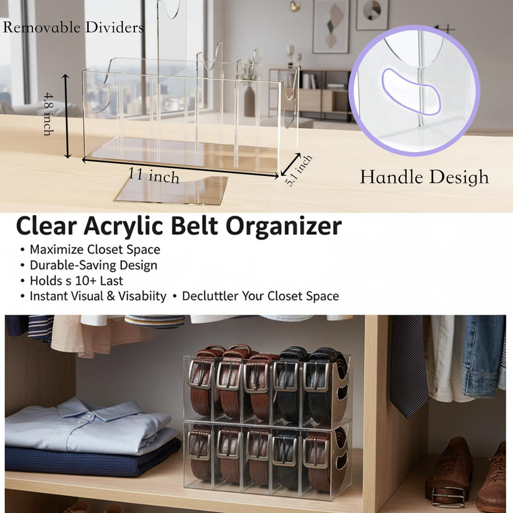 Belt Organizer,Acrylic Belt Organizer for Closet with Removable Dividers 5 Compartments & Handles Drawer organization and storage for Purse,underwear, Socks,and Ties (2pack)