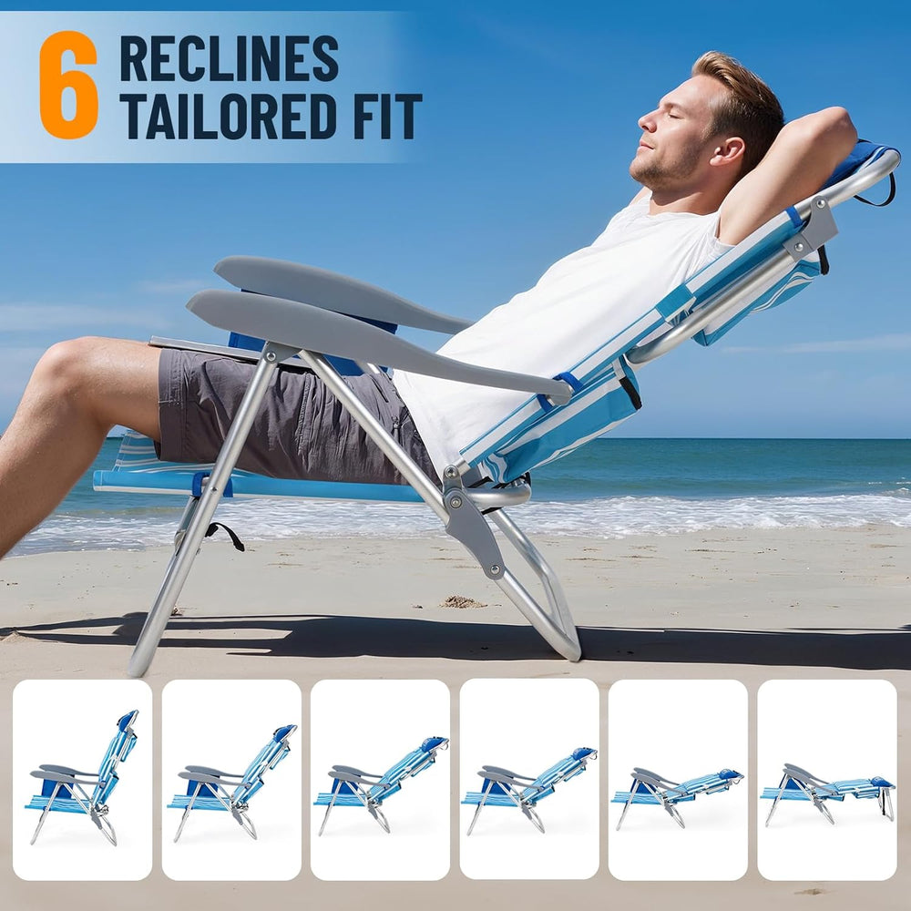 Overmont Low Beach Chair with Cooler Bag - 6-Positions Lay Flat with Ergonomi...