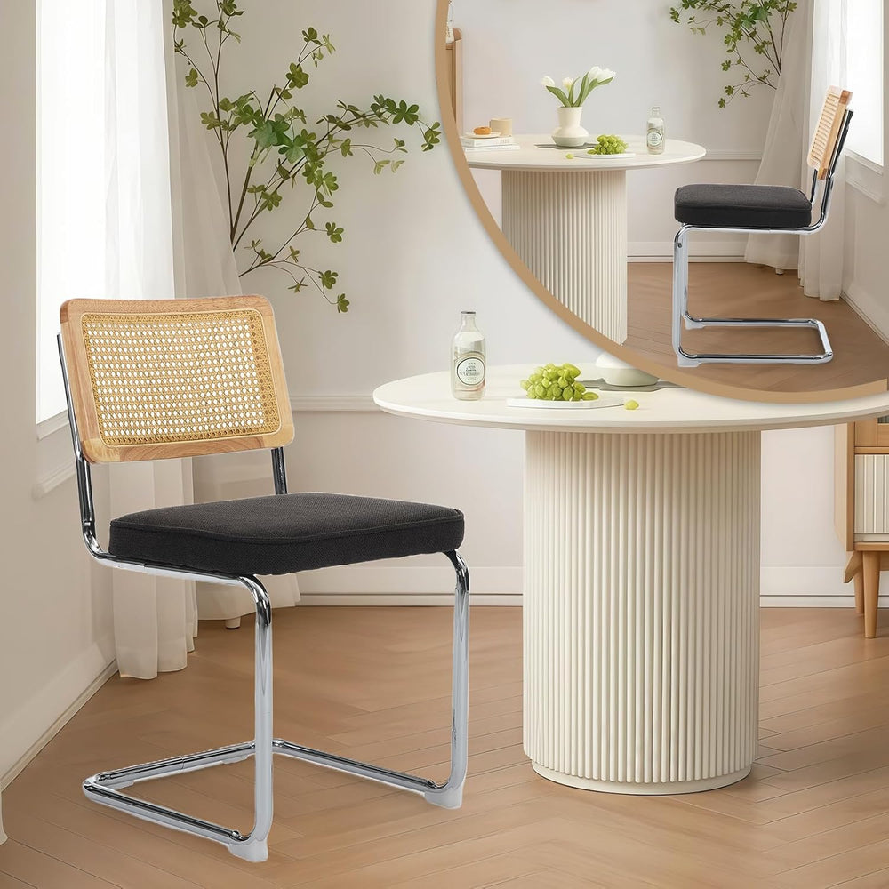 Rattan Back Linen Dining Chair Set of 4 Modern Breuer Designed Stainless Chro...