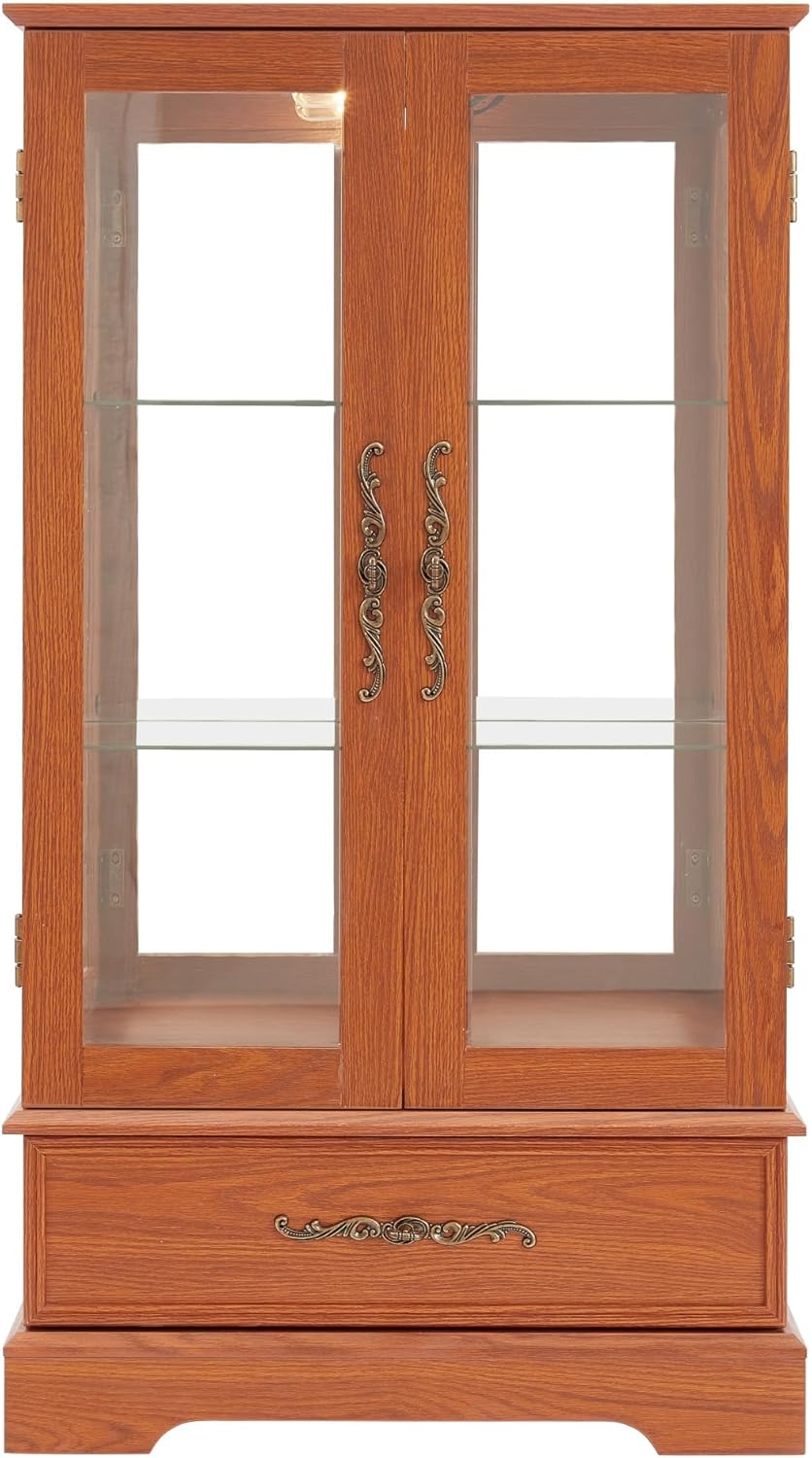 47" Lighted Glass Accent Curio Cabinet, 3-Tier Antique Storage Cage with...