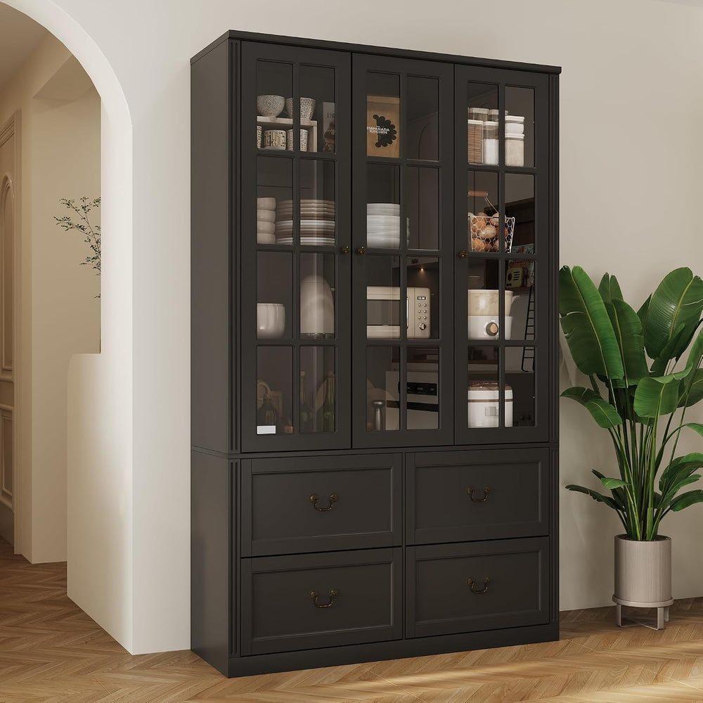 AGOTENI 47.2" W Pantry Cabinet with Glass Doors & 4 Drawers, Wooden ...