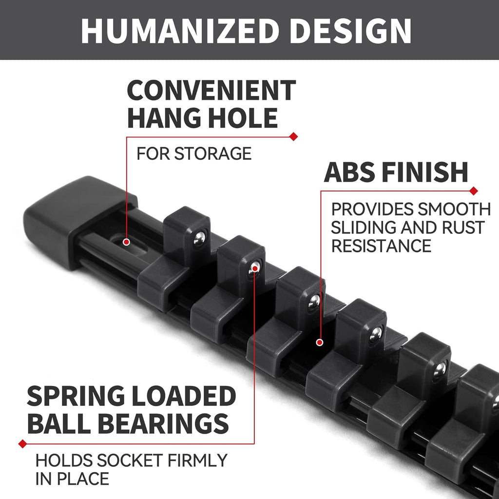 Socket Organizer Drive ABS Tools - Black Socket Holder, Premium Quality 6 Pieces Socket Holders Kit 1/4-Inch x 32 Clips, 3/8-Inch x 30 Clips, 1/2-Inch x 24 Clips（6PC,Black)