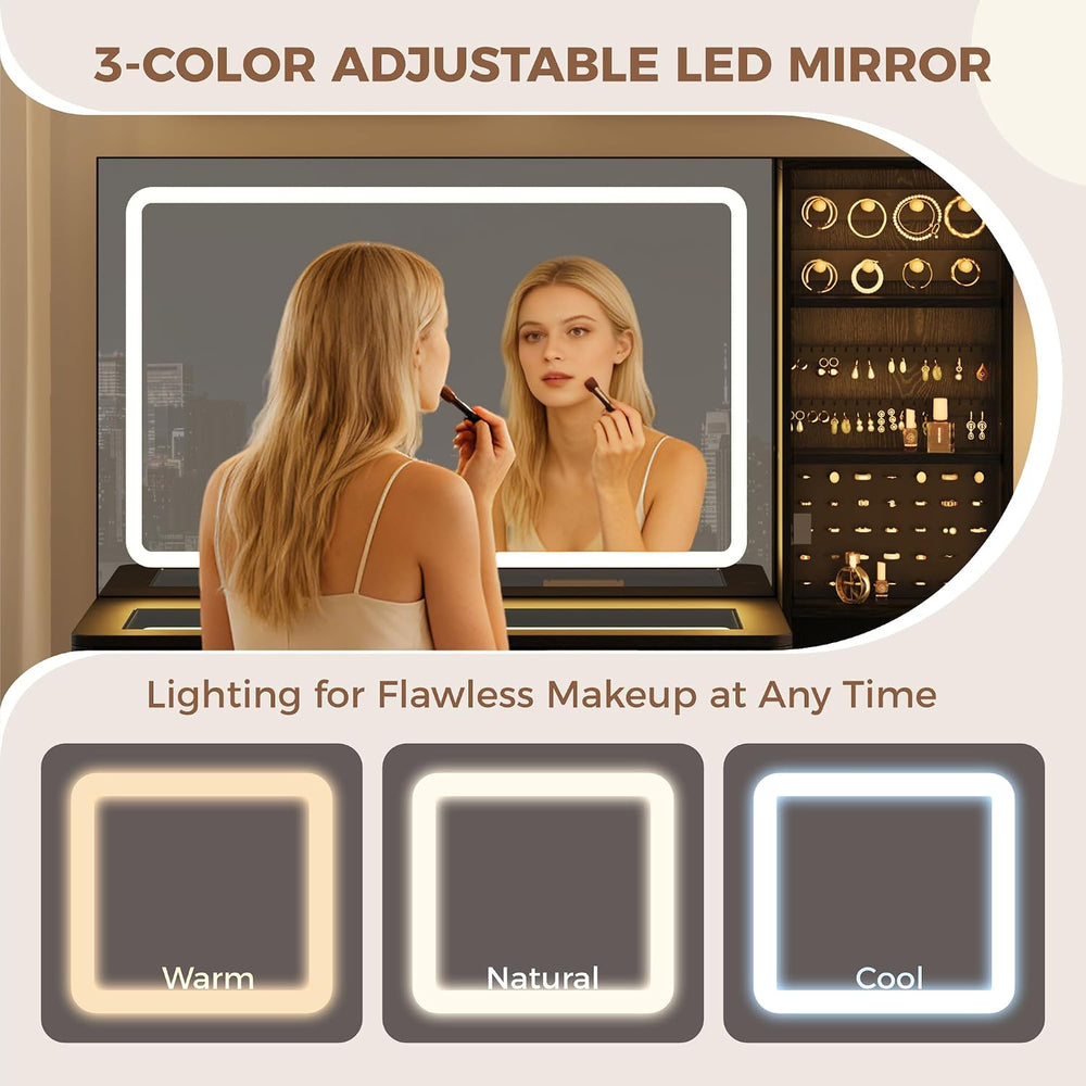 Garvee Vanity Desk with Lighted Mirror, Makeup Vanity with Charging Station, ...