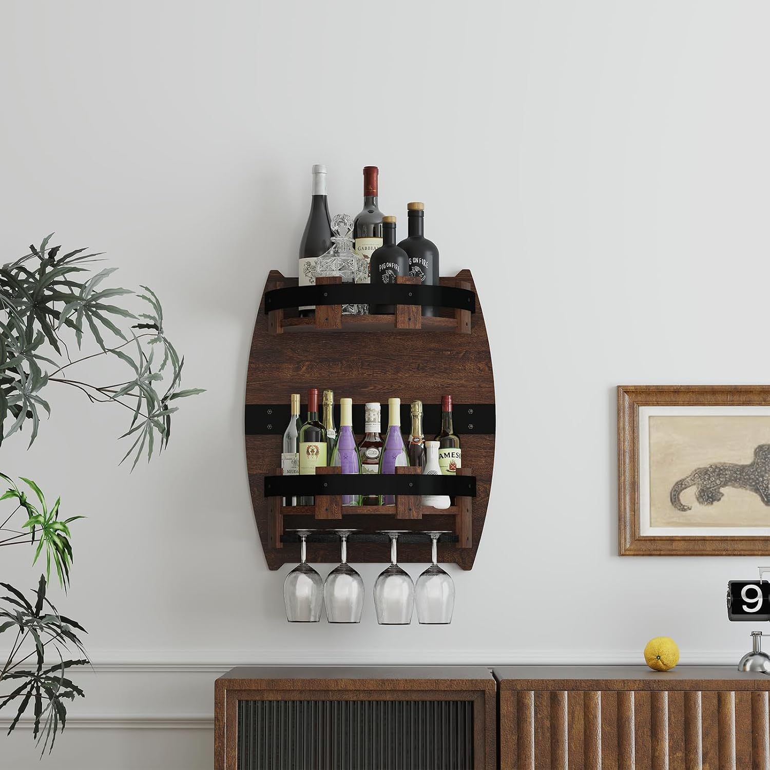 Whiskey Barrel Rack,Vintage Wall Mounted Wine Rack | for Kitchen Storage Hand Crafted Liquor Bar Shelves Wine Shelf Bourbon Whiskey Barrel Shelf Home Decor