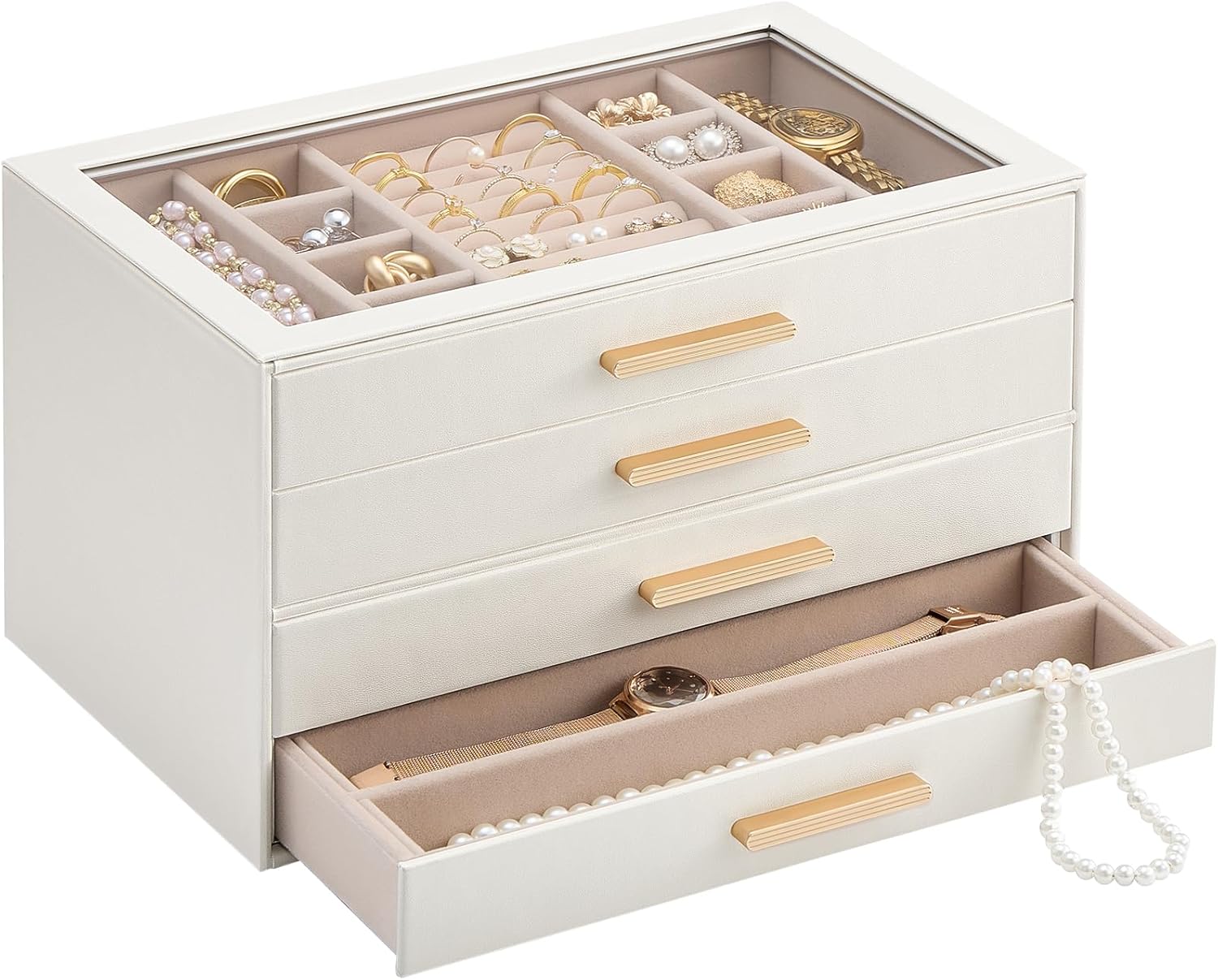 Lolalet Jewelry Box Organizer, 4-Layer Jewelry Organizers and Storage Case with Glass Lid, Ring Earring Bracelet Necklace Holder Organizer, Birthday Christmas Gifts for Women Girls -4Layer, Beige