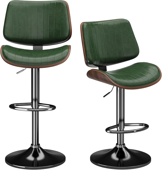 Swivel Bar Stools Set of 2, Adjustable Bentwood Barstools for Kitchen Counter, Modern PU Leather Upholstered Bar Chair with Back and Footrest, for Kitchen Island, Bar, Dining Room, Green