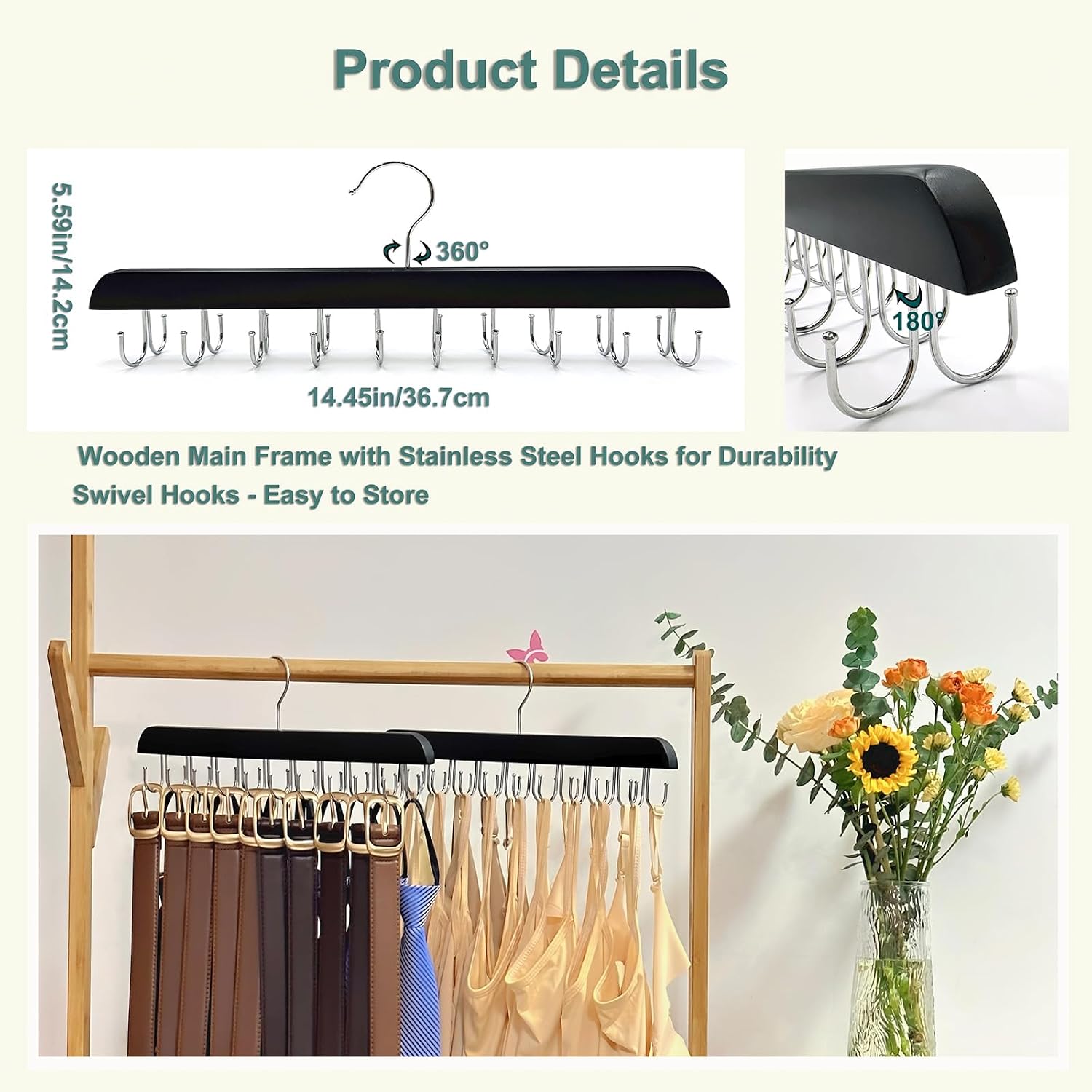2 Pack Belt Hanger for Closet Organizer,Wooden Belt Storage Organizer with 20 Metal Hooks for Space Saving,Foldable Belts Holder for Belts,Tank Tops,Ties(Black)