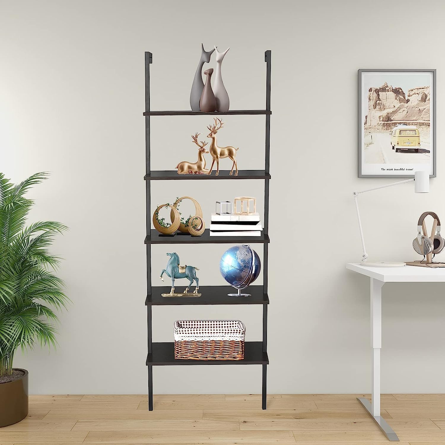 UVII Industrial Ladder Shelf with Drawers, 3 Tier Open Shelf Storage Rack Shelves Ladder Bookshelf Plant Flower Stand Matte Metal Frame for Home, Living Room, Kitchen, Office