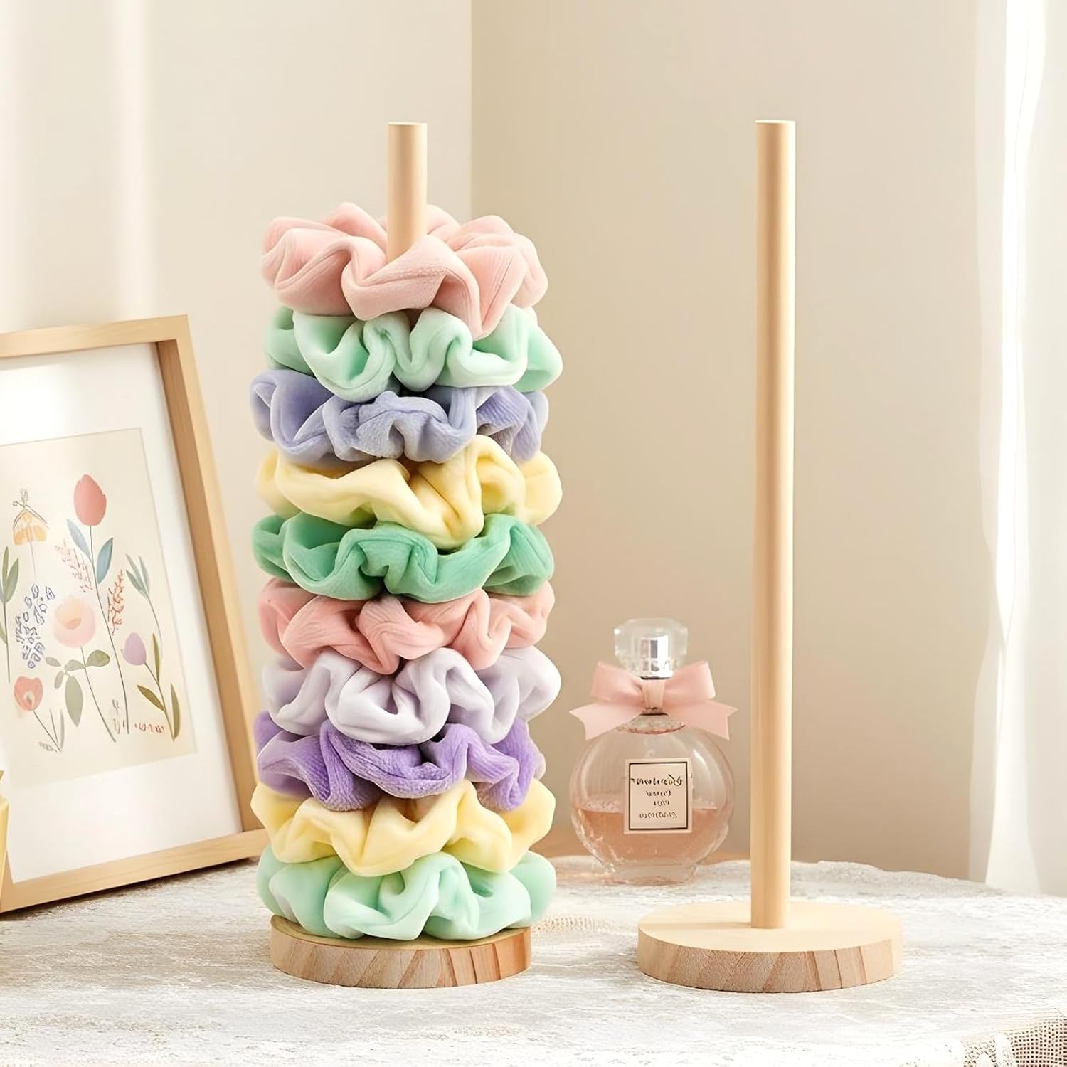 2 Pcs Scrunchie Holder Stand Hair Tie Organizer Vertical 15-20 Scrunchies Hairs Accessories Organizer Display Scrunchy Wood Hair Tie Holder Storage for Women Bathroom Bedroom Decor