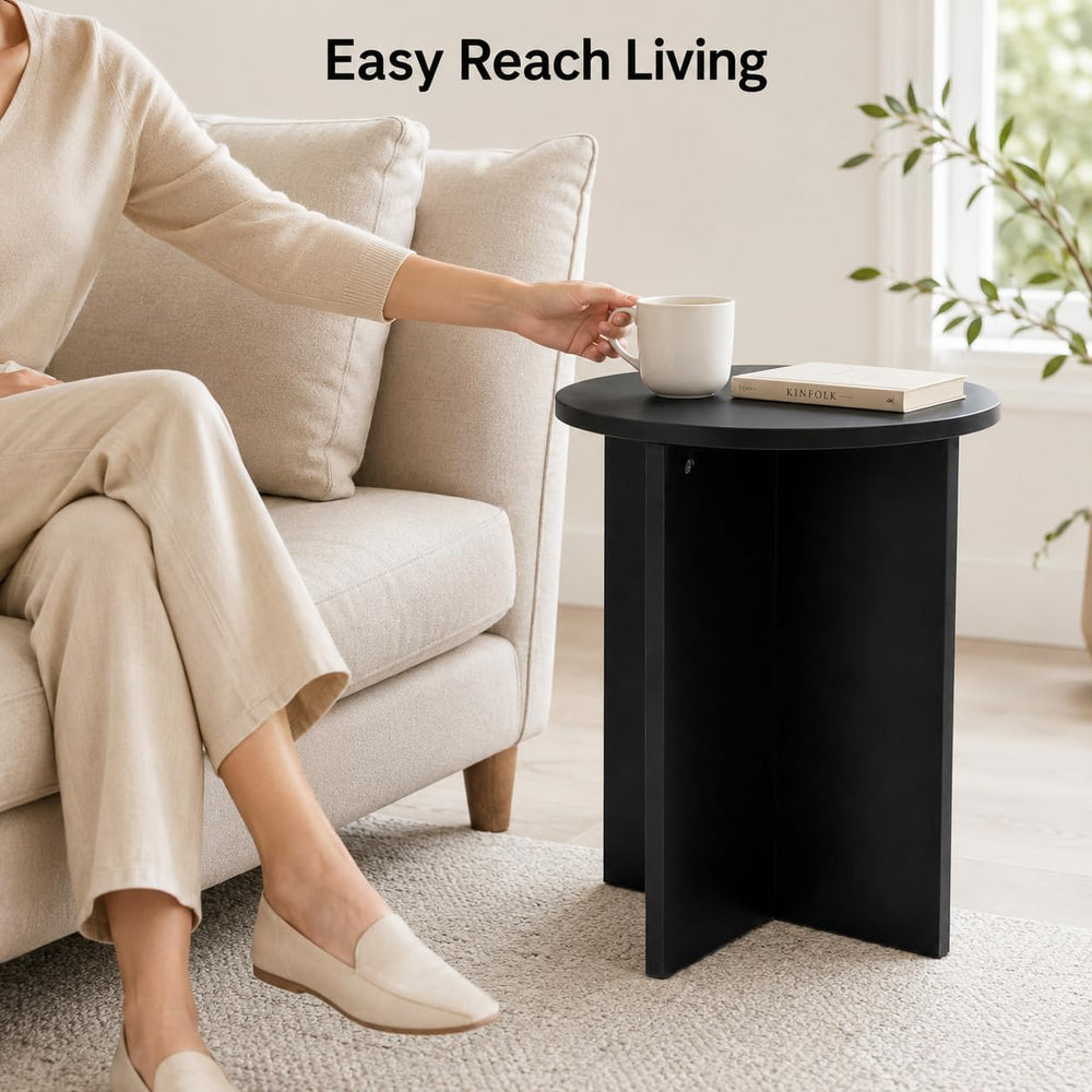 Black Round Side Table, Solid Rubber Wood Small End Table, 15.7" D | 19....