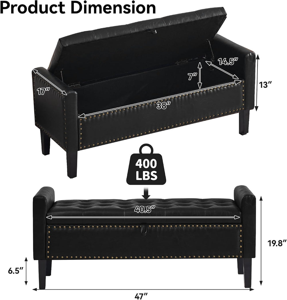 WUTUTUEE 47" Modern Water-Resistant Faux Leather Storage Ottoman Bench w...