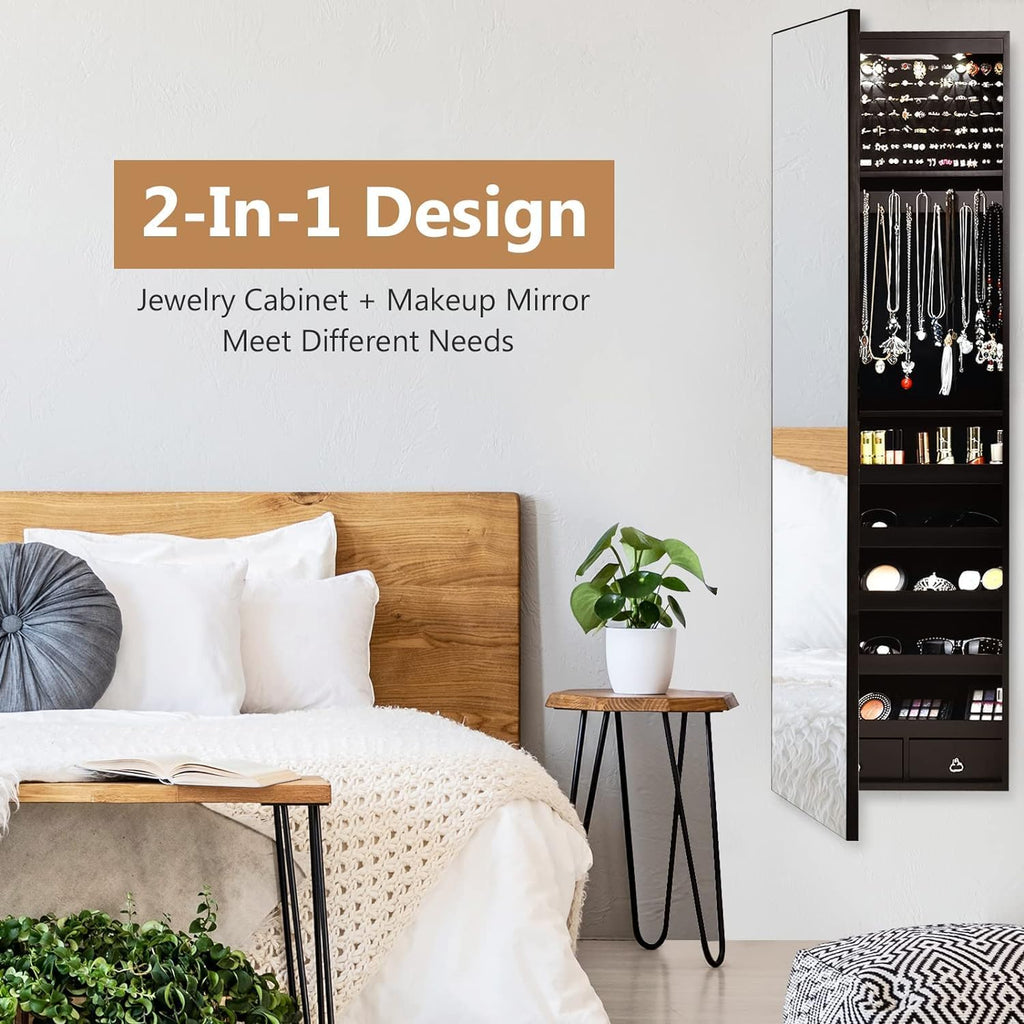 HAPPYGRILL Over the Door Jewelry Organizer, Hanging Jewelry Storage Cabinet w/Full-Length, Inner Makeup Mirror, Earring Shelves, Ring Slots, 25 Necklace Hooks, Wall Mounted Jewelry Armoire for Women