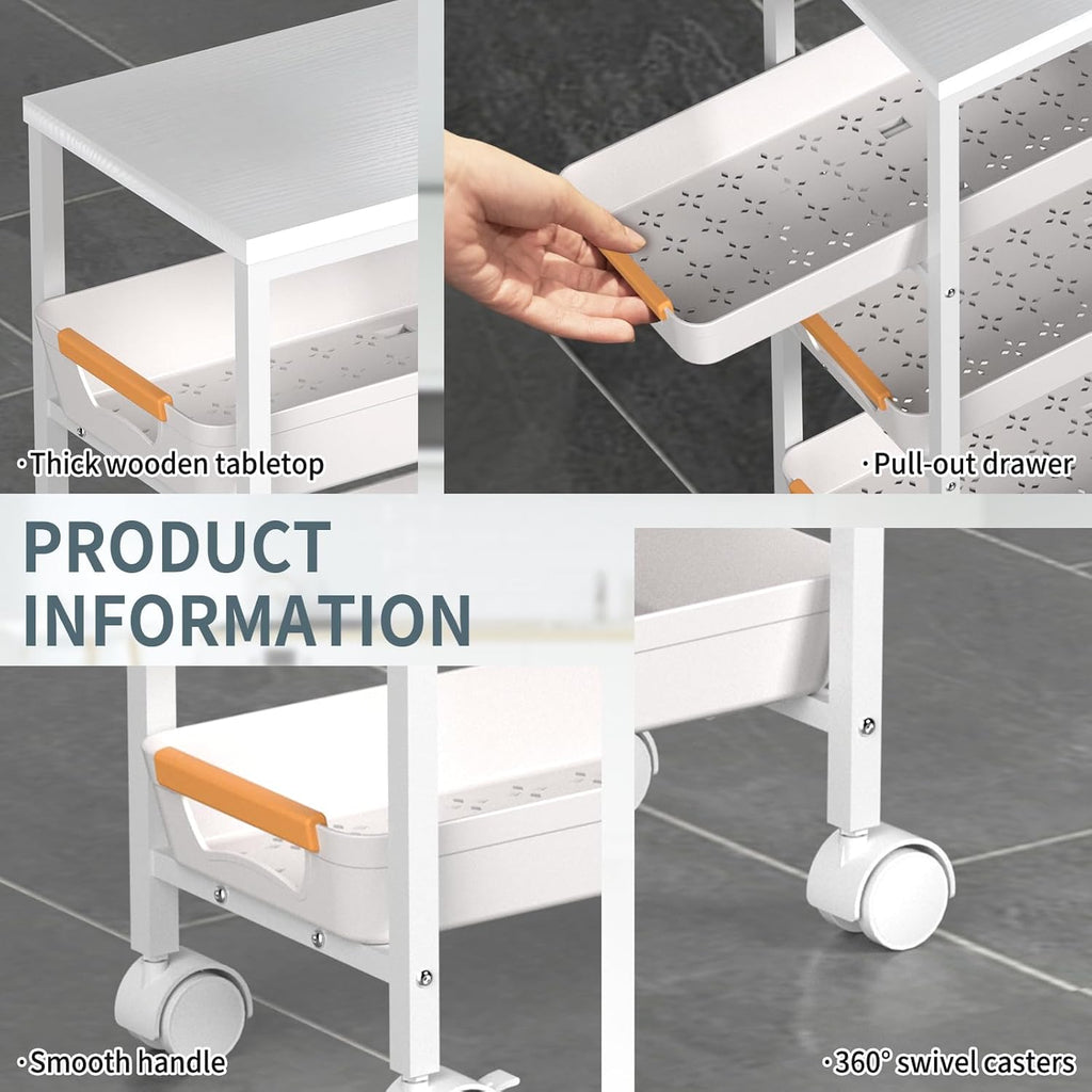 5 Tier Slim Rolling Utility Cart with Drawers Pull-Out Design Slim Storage Cart with Metal Frame and Wooden Top for Narrow Space in Home Kitchen Bathroom White (Width 9.5 Inches)