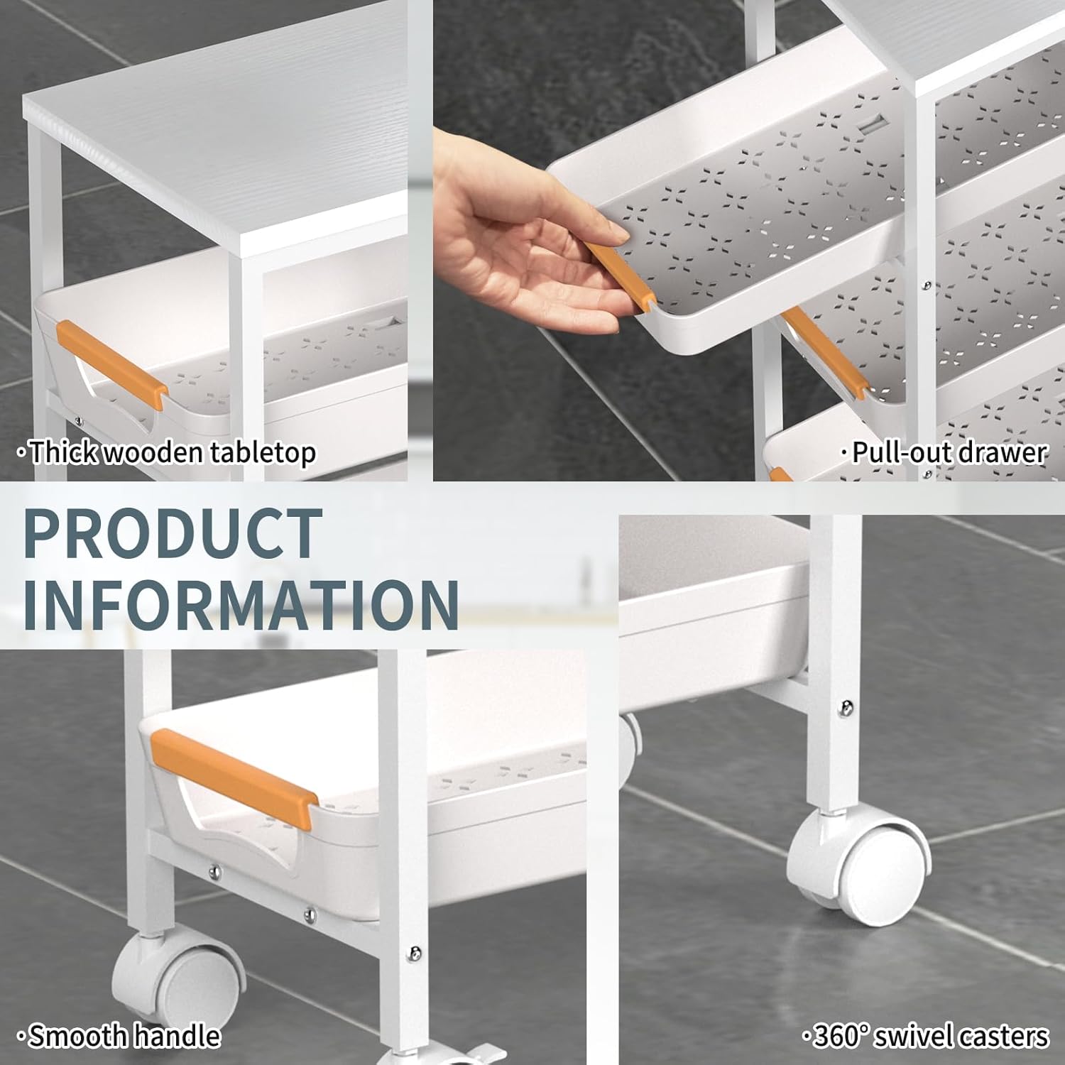 5 Tier Slim Rolling Utility Cart with Drawers Pull-Out Design Slim Storage Cart with Metal Frame and Wooden Top for Narrow Space in Home Kitchen Bathroom White (Width 9.5 Inches)