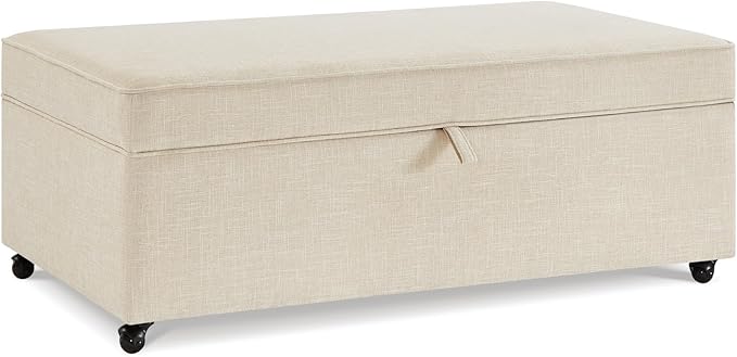45" Modern Sofa Ottoman with Storage,Modular Sectional Storage Ottoman w/Wheels Linen Upholstered Bench with Rotation Casters and Safety Hinge for Living Room,Oatmeal